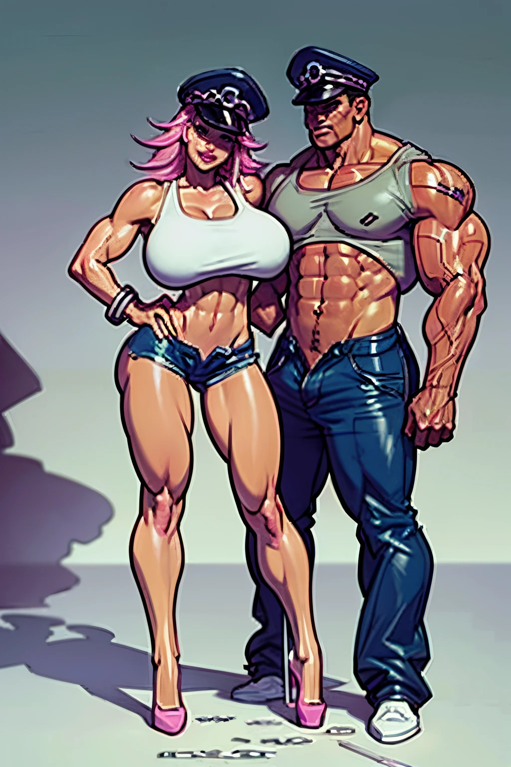 Final fight, ((Poison)) from street fighter,(big breast:1.5),dynamic poses, pink hair, wide chest,big chest, ((white tank top)), denim shorts, police cap, super perfect body curve,S-shaped body,waifu (18 years old)-hot daddy-frivolity-body language, fit figure, bad laughing,gorgeous perfect face, realistic style and super detailed renderings, superrealism,kawaii, zbrush, super-realistic oil, contour shadow-process - ((Waiting to start))