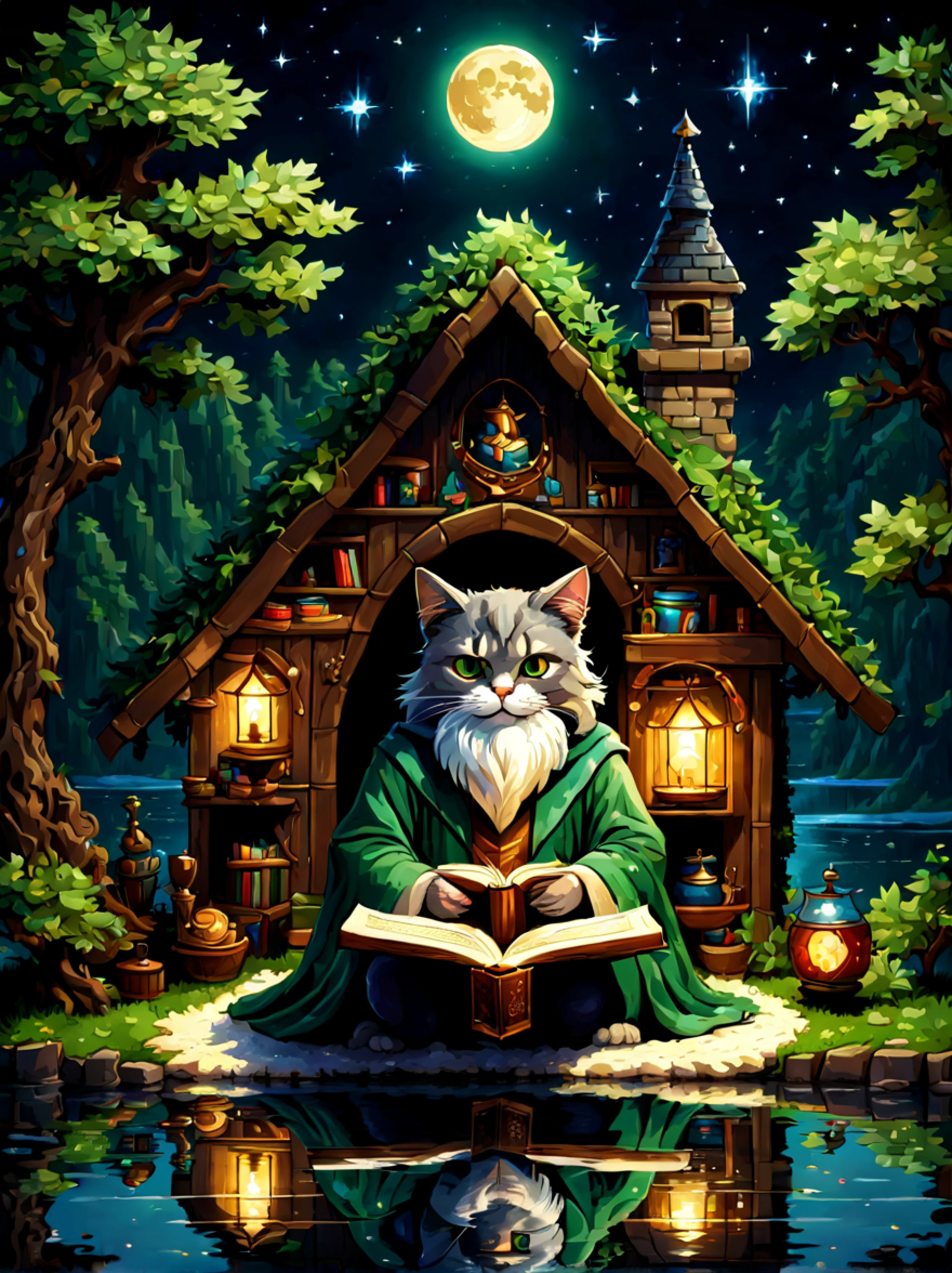 (pixel art:1.3), (solo:1.3), bring to life the wise (((old cat wizard)) ((wearing a magic robe)) and his big cottage at the edge of the crystal-clear lake, depict the serene setting with lush green surroundings, reflecting on the tranquil waters, show the sage as an anthropomorphic cat, ((dressed in robes)), sitting outside his cottage, surrounded by books and scrolls, symbolizing his vast knowledge, illuminate his eyes with a mesmerizing sparkle hinting at the wisdom he holds, aura of wisdom and transcendence, distant moons and stars shining brightly in the night sky