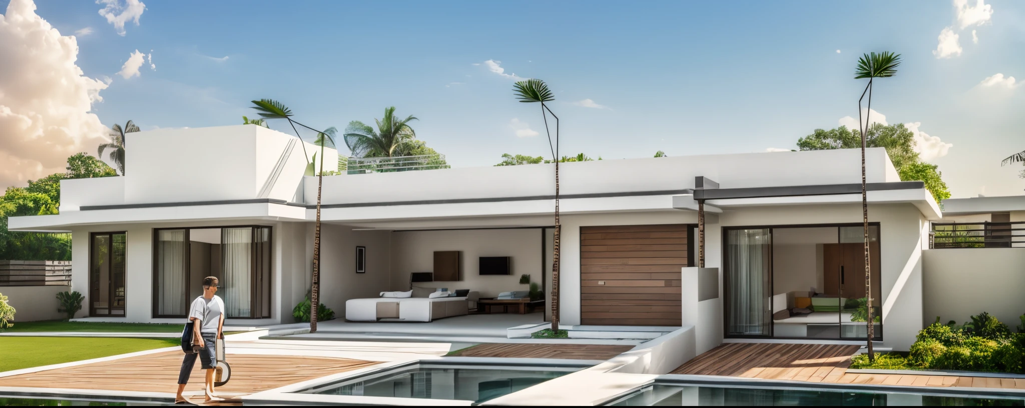 (best quality, highres:1.2), architecture, minimalistic design, large windows, clean lines, natural lighting, spacious rooms, open floor plan, lush green landscaping, modern materials, sleek finishes, smart home technology, geometric shapes, neutral color palette, outdoor living space, swimming pool, panoramic views