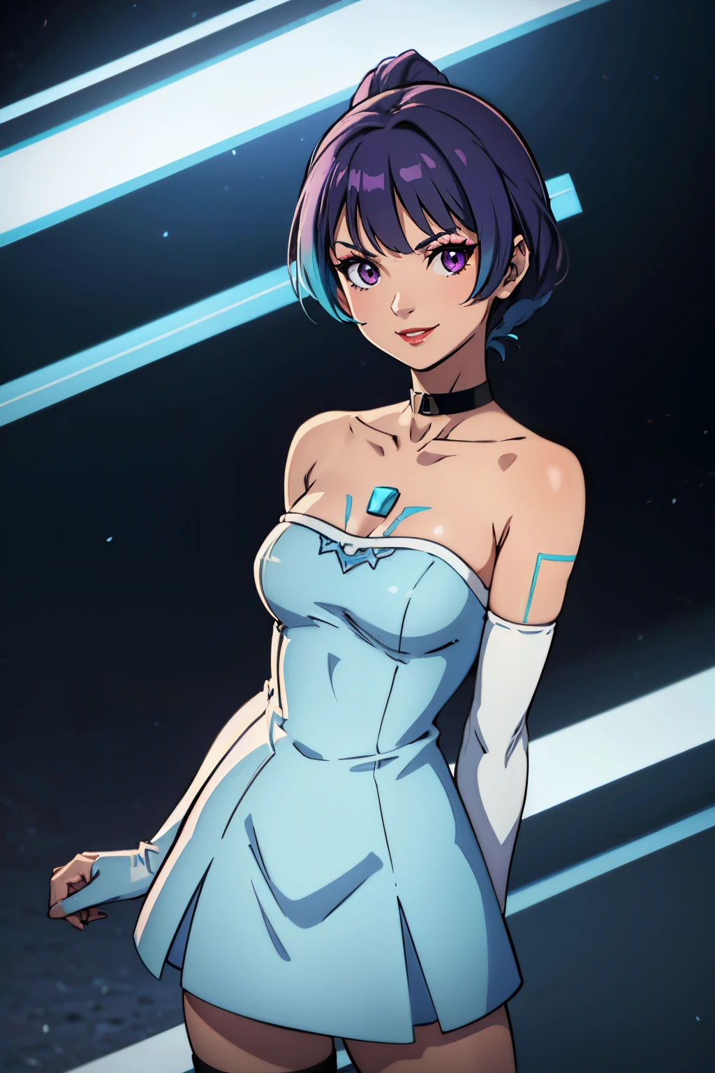 sena \(xenoblade\), light blue dress, strapless dress, long white elbow gloves, smile, light red lipstick, dark purple eye shadow, makeup, black choker, cowboy shot