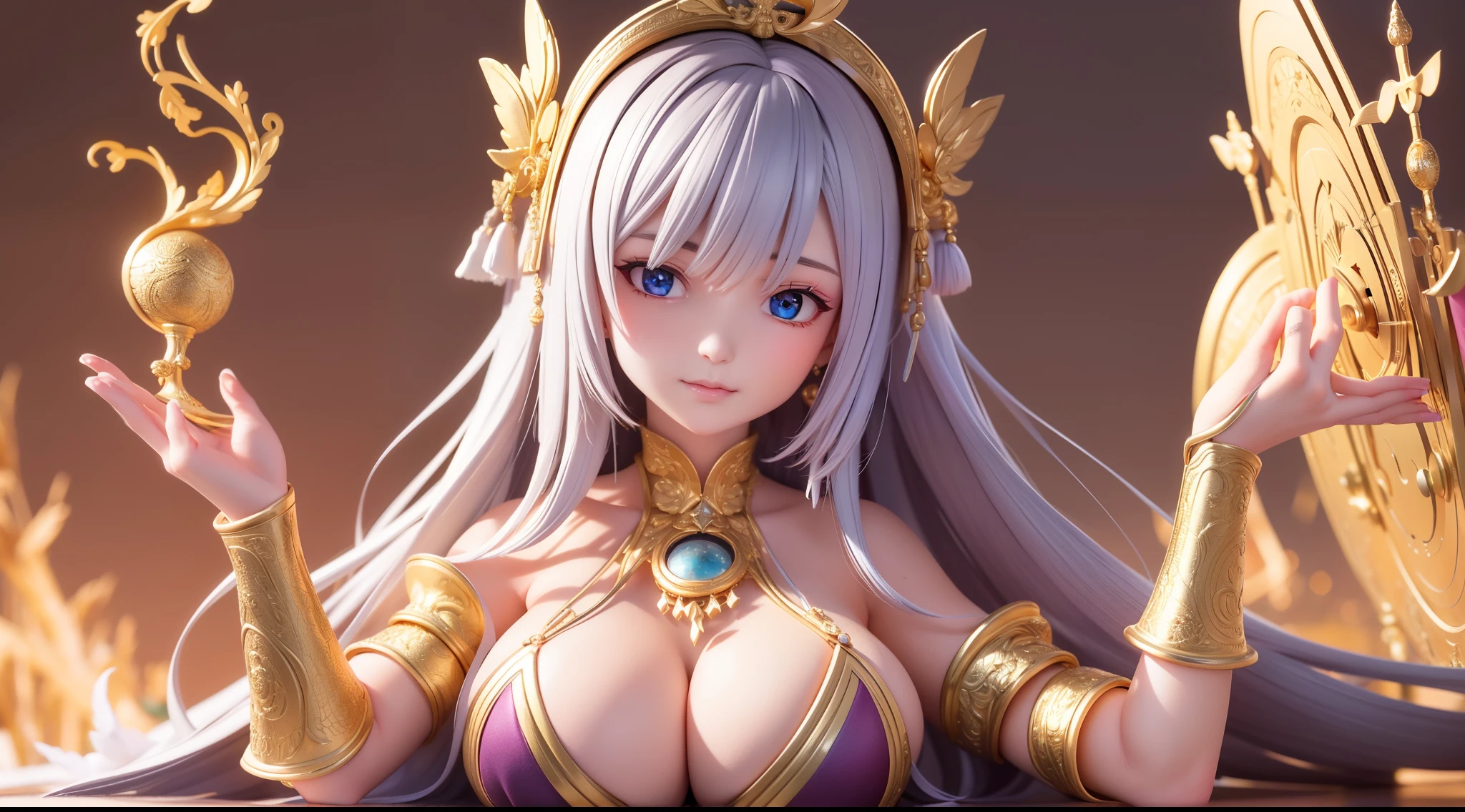 clay art, Unity 8k壁纸, hyper-detailing, tmasterpiece, Best quality, A woman is, (The content is very detailed), (RAW photogr, Best quality), (realistically, realistically:1.3), k hd, Open Your Mouth Lightly, Ultra-detailed and complex facial 3D renderings, (Colossal tits:8.8), (highlydetailed skin:1.2), (Expose perversion:1.1), Beautiful Caucasian woman,great asa,full soft breasts and white skin, black hair color hair, eBlue eyes, Long gray hair, ( (Sheer silk pink string mini bikini)),Sit Pose, dynamic angle, Mysterious Expression, fire flame effect, Fantasy Background, edge lit, Side seams, 电影灯光, hyper HD, 8K, filmgrain, The best shadow, Light particles, detailed skin textures, Detailed jewel armor texture, Detailed faces, Complicated details, super detailing, bright, strong, golden armour,, Lengthen abdominal muscles, have glowing weapons,have a shield,bonnet,((Exquisite and beautiful huge crown)),shinning eyes,Long purple cloak,like a dream,(actual)