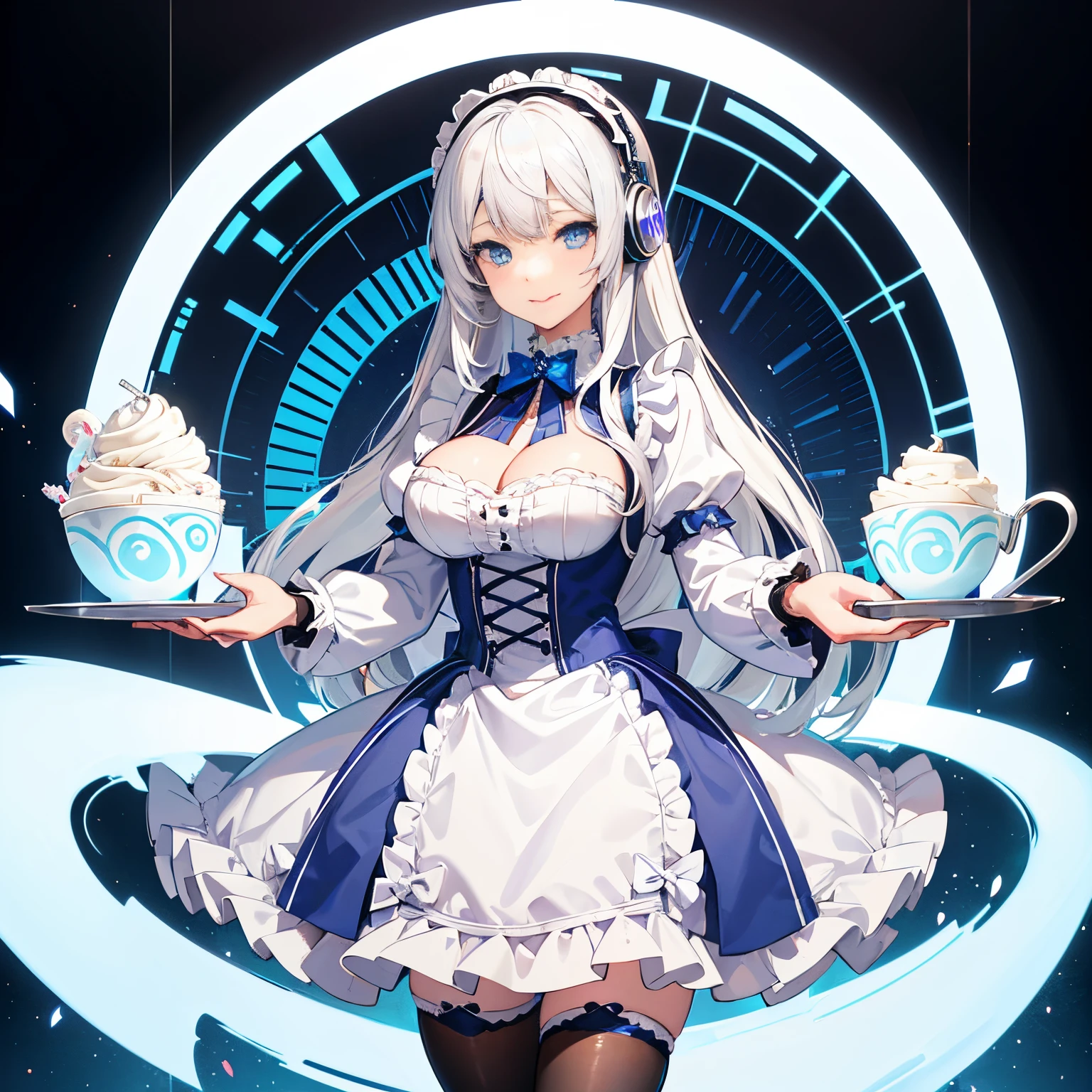 "anime girl, 1 person, silver-white hair mixed with blue, blue eyes, wearing headphones, maid outfit, lolita maid, big breasts, stockings, standing cross-legged, holding serving tray, serving  , licking lips, side view, (full HD 4K+ image)"