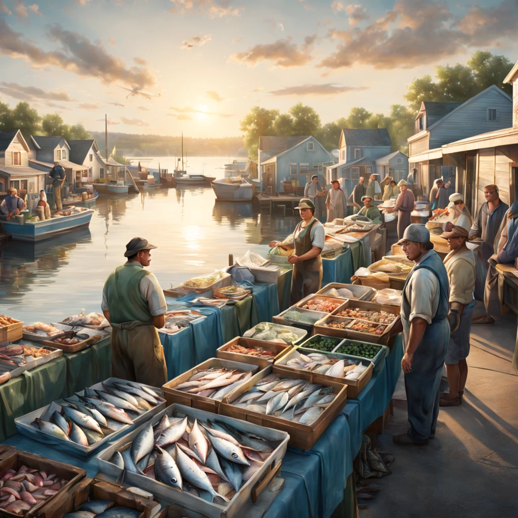 cinematic scene: fishmongers in an open-air fish market overlooking a small fishing harbor, a small township in the northern United States, modern days, summer, sunset, soft evening sunlight, realistic, cinematic, soft colors, ultra quality, hyper realistic