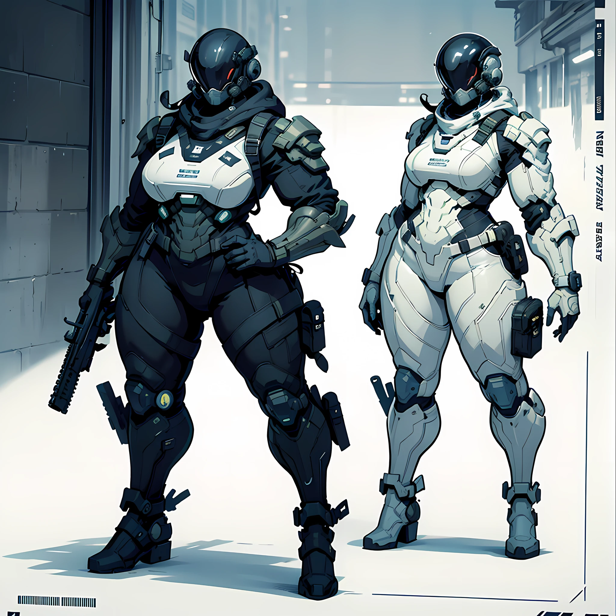Beautiful cybernetic girl detailed muscles realistic masterpieces full figure pose (best quality,ultra-detailed), white hair in ponytail, fair skin, fit body, slim figure, narrow waist, (cocky expression), black carbon fiber cybernetic mobile combat suit, concept art
