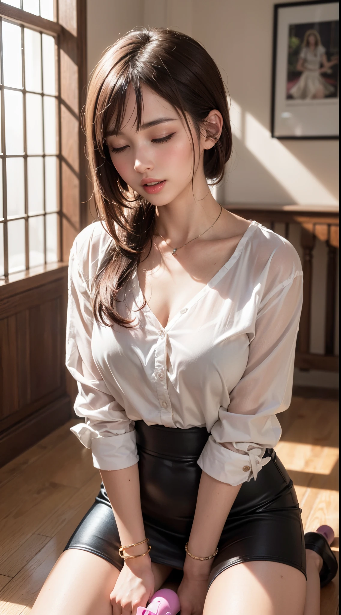 (((The lower part of the body is bare))), (((Long collar blouse))), (((Dowel dowel shirt))), ((((Long shirt with hem)))), ((Panties with a small area)), Smiling smile, (NSFW), 1womanl, 独奏, 24 year old, 7headed body, (Ideal ratio body proportions), (Composition from head to thigh), erectile nipple, Sexy body, Wet, short-hair, Dark hair, small tits, A slender, Small buttocks, beauty legs, Skinny Legs, surrealism, Cinematic lighting, depth of fields, One-person viewpoint, F/1.8, 135 mm, nffsw, masutepiece, ccurate, ((Anatomically correct)), Textured skin, Super Detail, high details, High quality, awardwinning, Best Quality, hight resolution, 8K