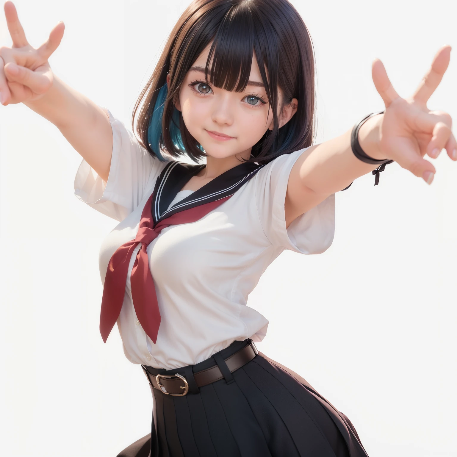 A girl with blue hair and a white shirt and black skirt, kantai collection style, anime moe artstyle, anime visual of a cute girl, young anime girl, pose(arms up + happy), (anime girl), cute anime girl, with index finger, anime pose, marin kitagawa fanart, smooth anime cg art, an anime girl, anime girl