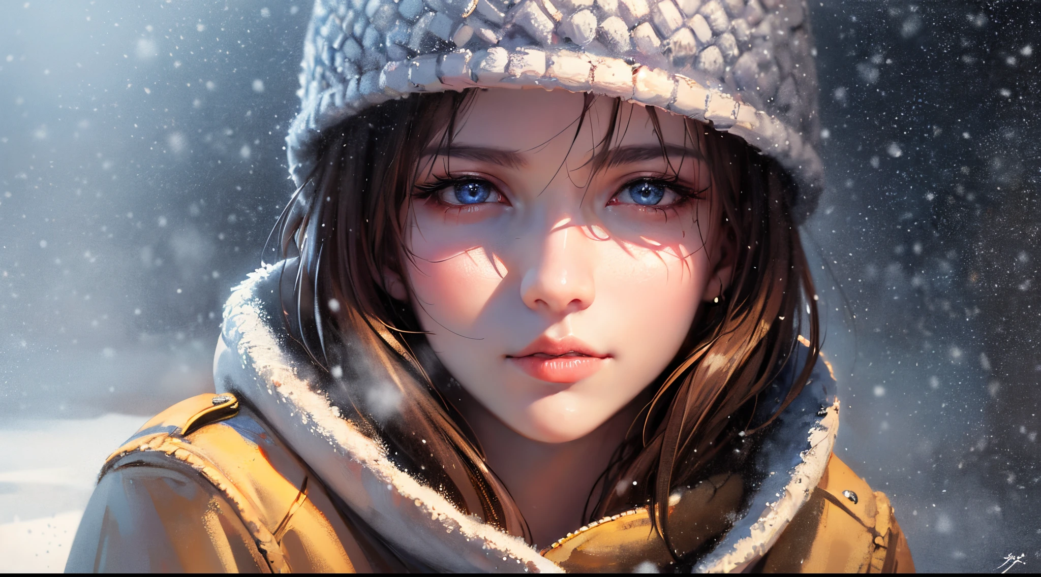 wlop,dalcefo,realistic,painting,fine detailed face,((winter)), cinematic light,