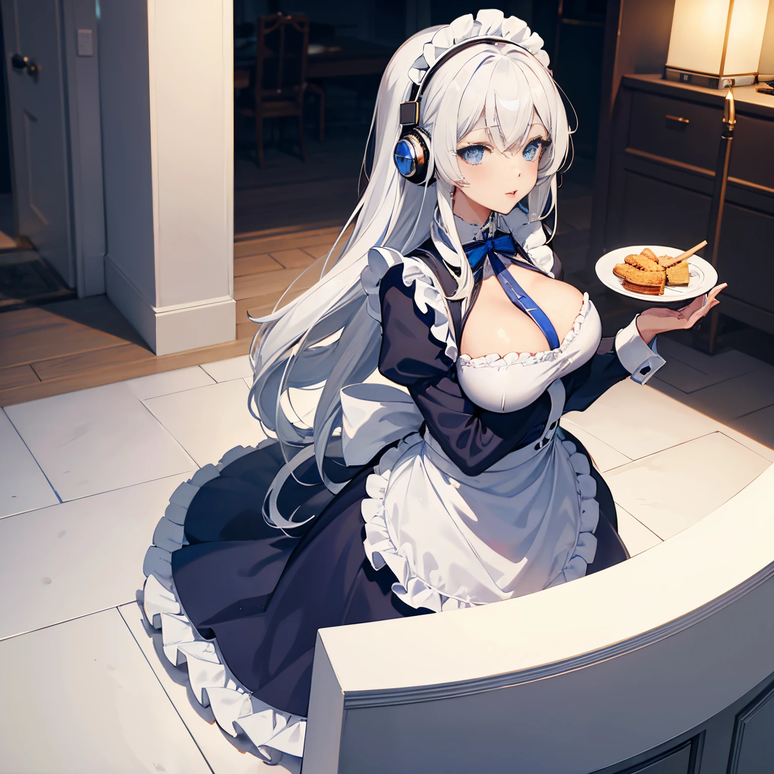 "anime girl, 1 person, silver-white hair mixed with blue, blue eyes, wearing headphones, maid outfit, maid, big breasts, stockings, standing cross-legged, holding serving tray, serving  , licking lips, side view, (full HD 4K+ image)"