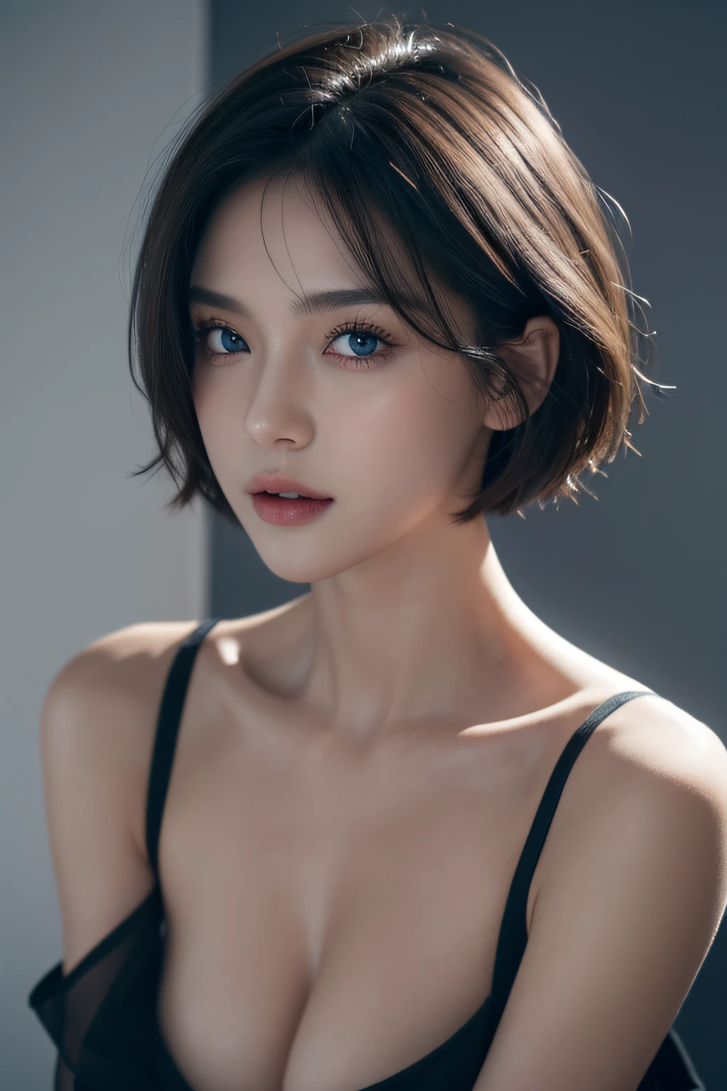 short-hair、Skin Tight Black Top:1.2、looking at viewert、cinematlic lighting、A perfect、softlight、high-res skin:1.2、realistic skin textures、lifelike face、off shoulders、Exposed cleavage、blue eyess、short-hair、fullnude、The background is a gray photo screen