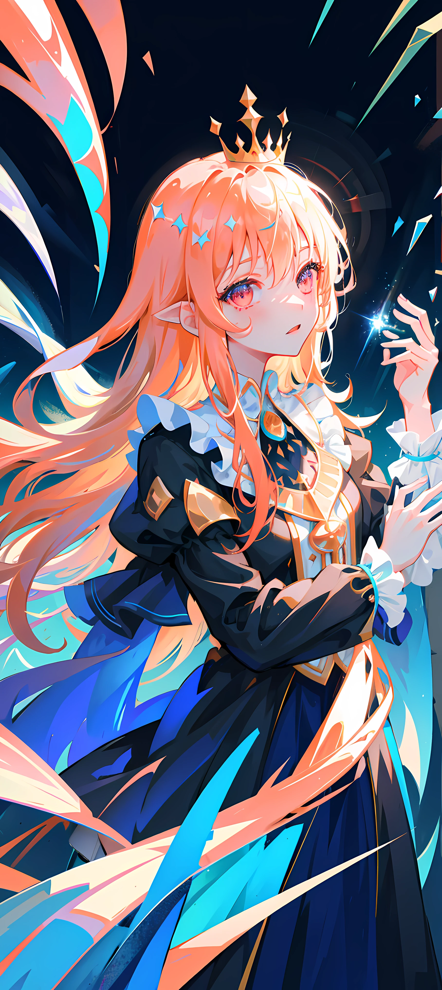 (ridiculous, high resolution, super detailed), 1woman, queen, older, wavy long hair, russet hair, coral eyes, bangs, long sleeves, delicate eyes and delicate face, extremely detailed CG unity 8k wallpaper, intricate details, (style-swirlmagic:1.0), looking at viewer, solo, upper body, detailed background, close up, detailed face, (gothic dark ages theme:1.1), crystal sorcerer, dynamic pose, earth themed clothes, crystal crown, floating in the air, glowing magic fragments, surrounded by blue magic crystals, rock formations, stalactites, magic floating particles, crystal glass, crystal balls, crystal canyon background, (shallow water: 0.7), epic ethereal atmosphere, updraft, portrait