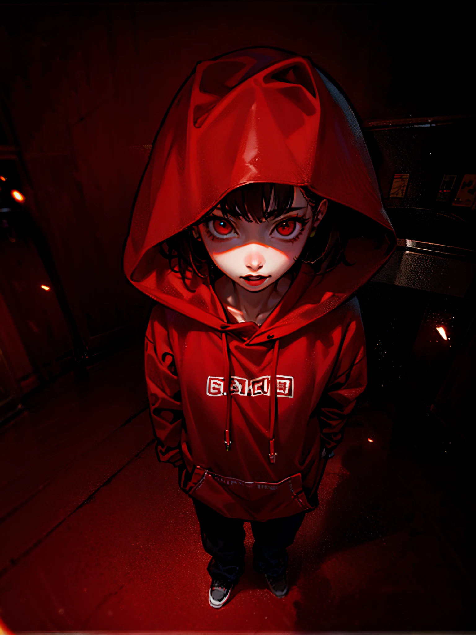 there is a young girl in a red hoodie standing in the dark, red hoodie, wearing a scarlet hoodie, wearing a red hoodie, in a hoodie, in a hood, hoodie, girl wearing hoodie, bladee from drain gang, ((red)) baggy eyes, bella poarch, wearing a hoody, red eyes, mid shot portrait, red face