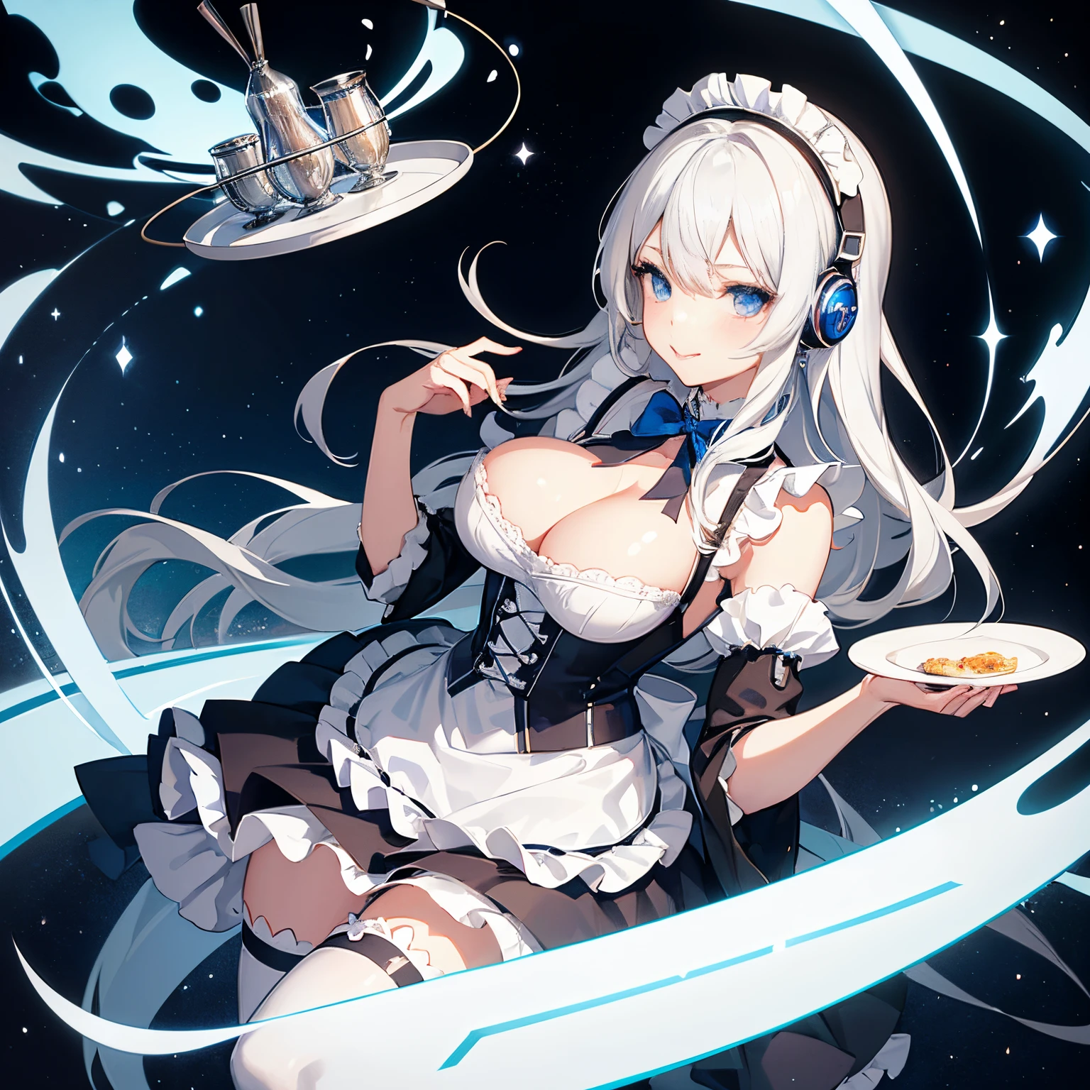 "anime girl, 1 person, silver-white hair mixed with blue, blue eyes, wearing headphones, maid outfit, maid, big breasts, stockings, standing cross-legged, holding serving tray, serving  , licking lips, side view, (full HD 4K+ image)"