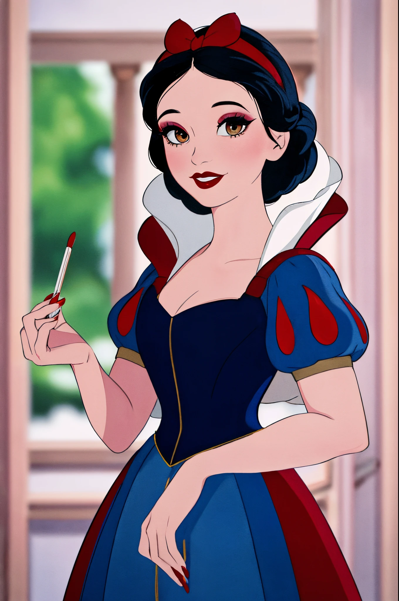 snowwhite,
(best quality, masterpiece, RAW photo,ultra-detailed:1.2), 1girl,solo,looking at viewer, smile, black hair, dress, bow, brown eyes, hair bow, hairband, puffy sleeves, signature, red bow, eyelashes, makeup, blue dress, lipstick, red hairband, red lips