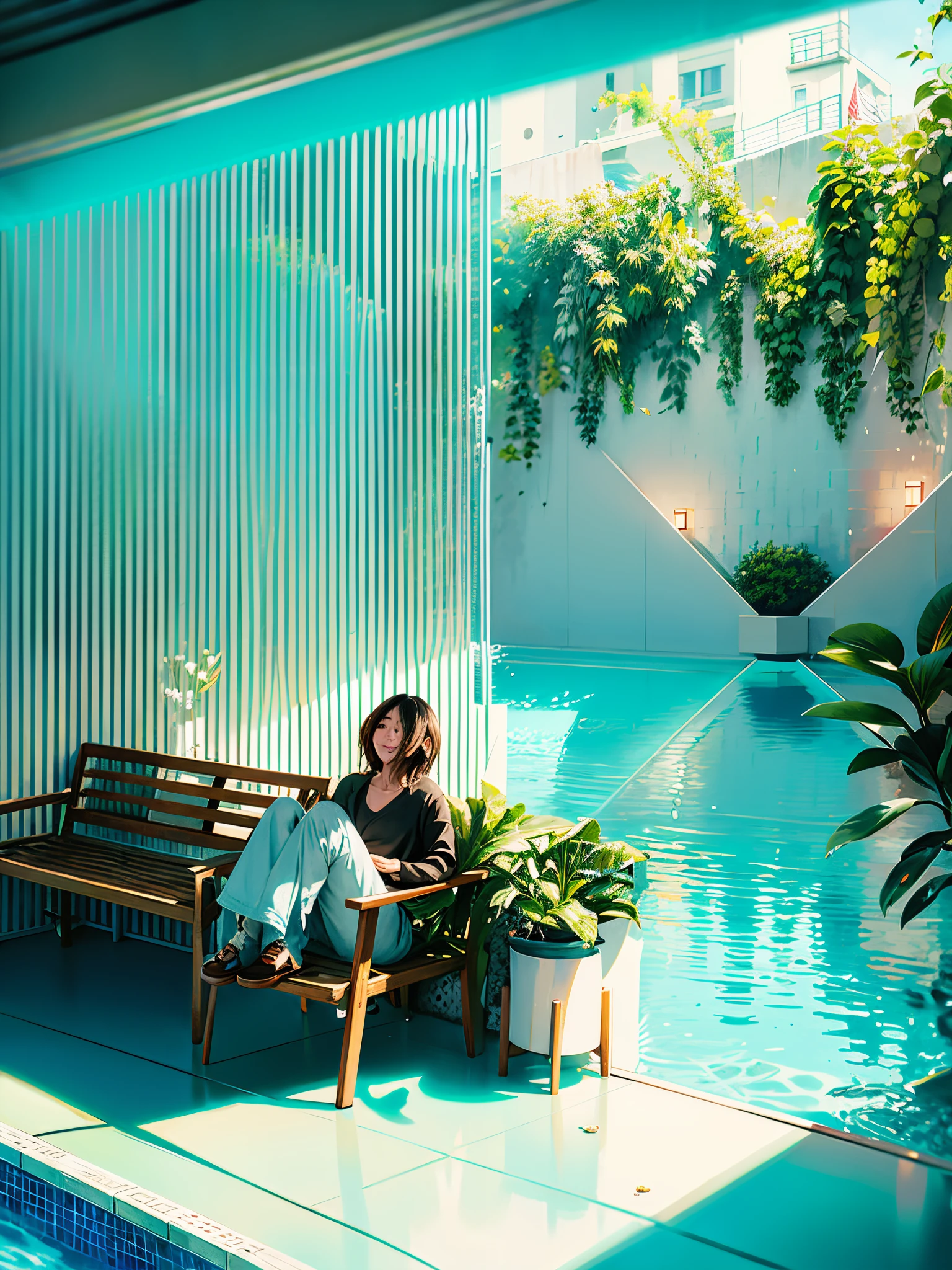 there is a person sitting on a bench by a pool, sitting in a cafe alone, taken with sony alpha 9, pleasant lighting, taken with canon 8 0 d, sitting alone in a cafe, relaxing environment, relaxing mood, relaxing atmosphere, taken with canon eos 5 d mark iv, sitting relax and happy, indoor dim light, by Abidin Dino