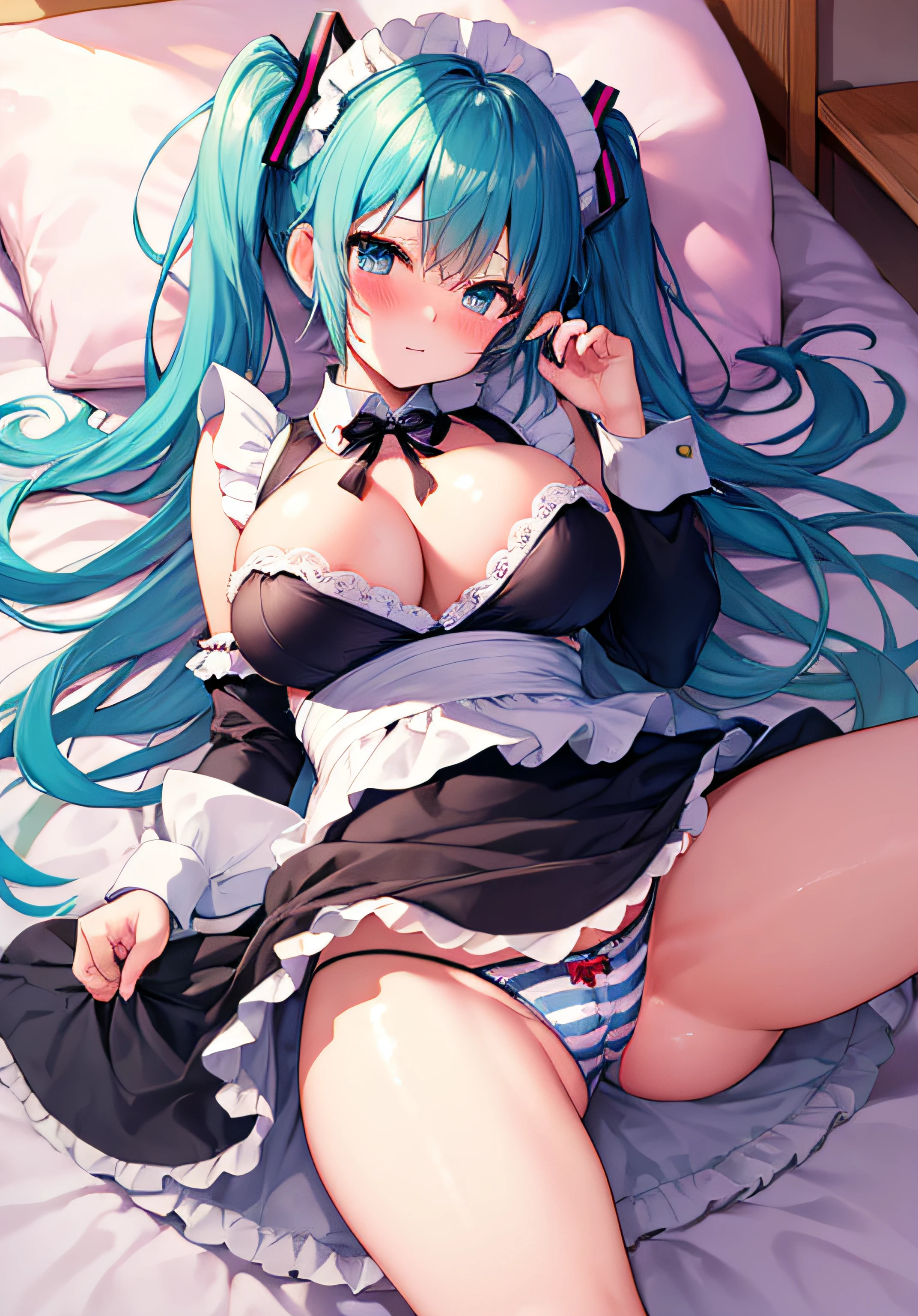 masterpiece、Top image quality、超A high resolution、nsfw、miku hatsune、blue hairs、Twin-tailed、Blushing、be in heat、maid costume with open chest、skirt、huge firm breasts、spread your legs wide open、striped panties、lying on the bed、Bedroom、night