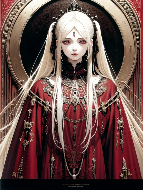 pale young divine gothic priestess, twintails, pure white skin, rust decay, Beautiful full body symmetrical portrait, Delicate blonde hairstyle, crimson eyes, dark red elegant gothic armor, encrusted with red gems, dark cathedral, masterpiece, Highest image quality, super detailing, upscaled, art by Zdzislaw Beksinski, art by H.R. Giger, absurdres, highres, (official art, beautiful and aesthetic:1.2), real, 4k, 8k,