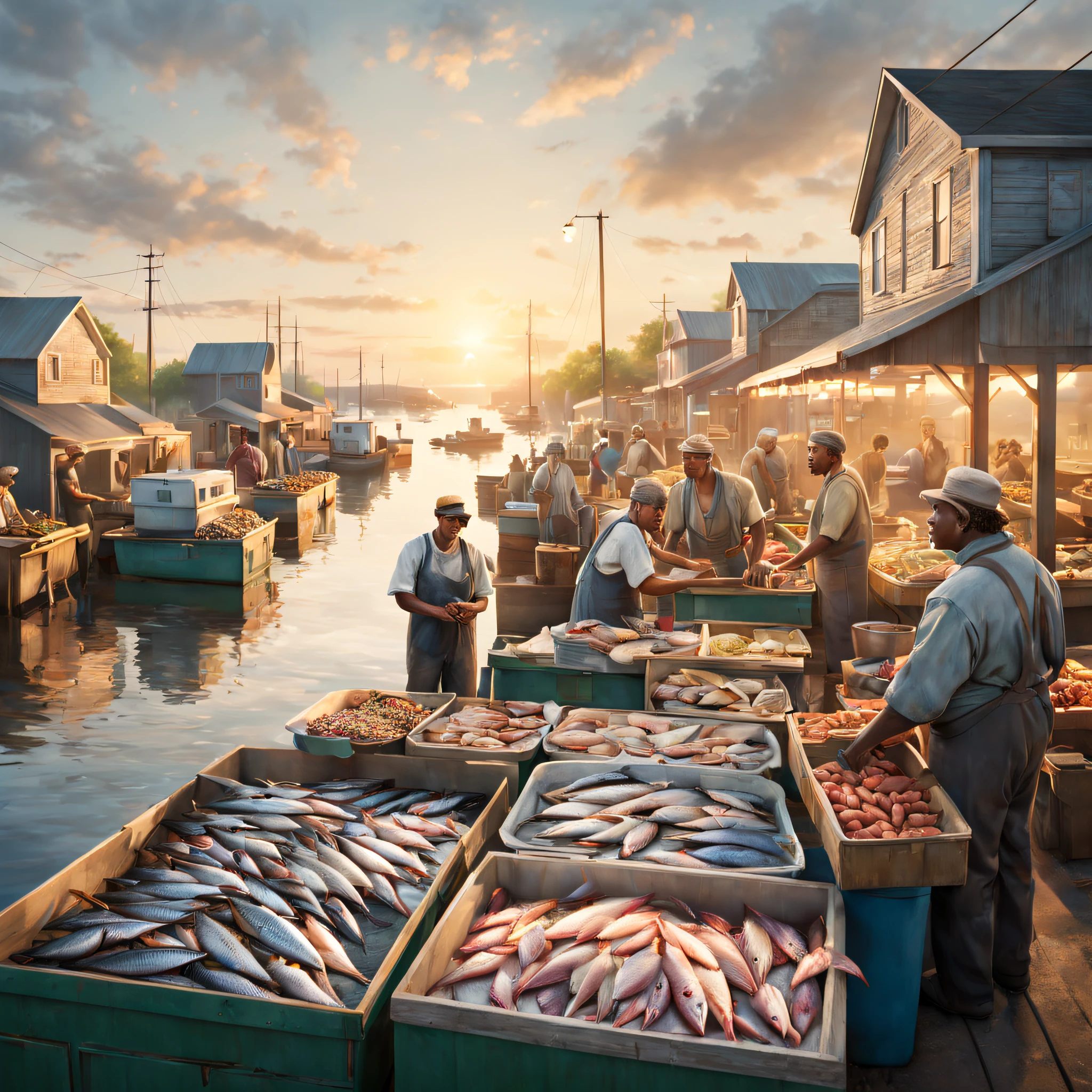 cinematic scene: fishmongers in an open-air fish market overlooking a small fishing harbor, a small township in the northern United States, modern days, summer, sunset, soft evening sunlight, realistic, cinematic, soft colors, ultra quality, hyper realistic