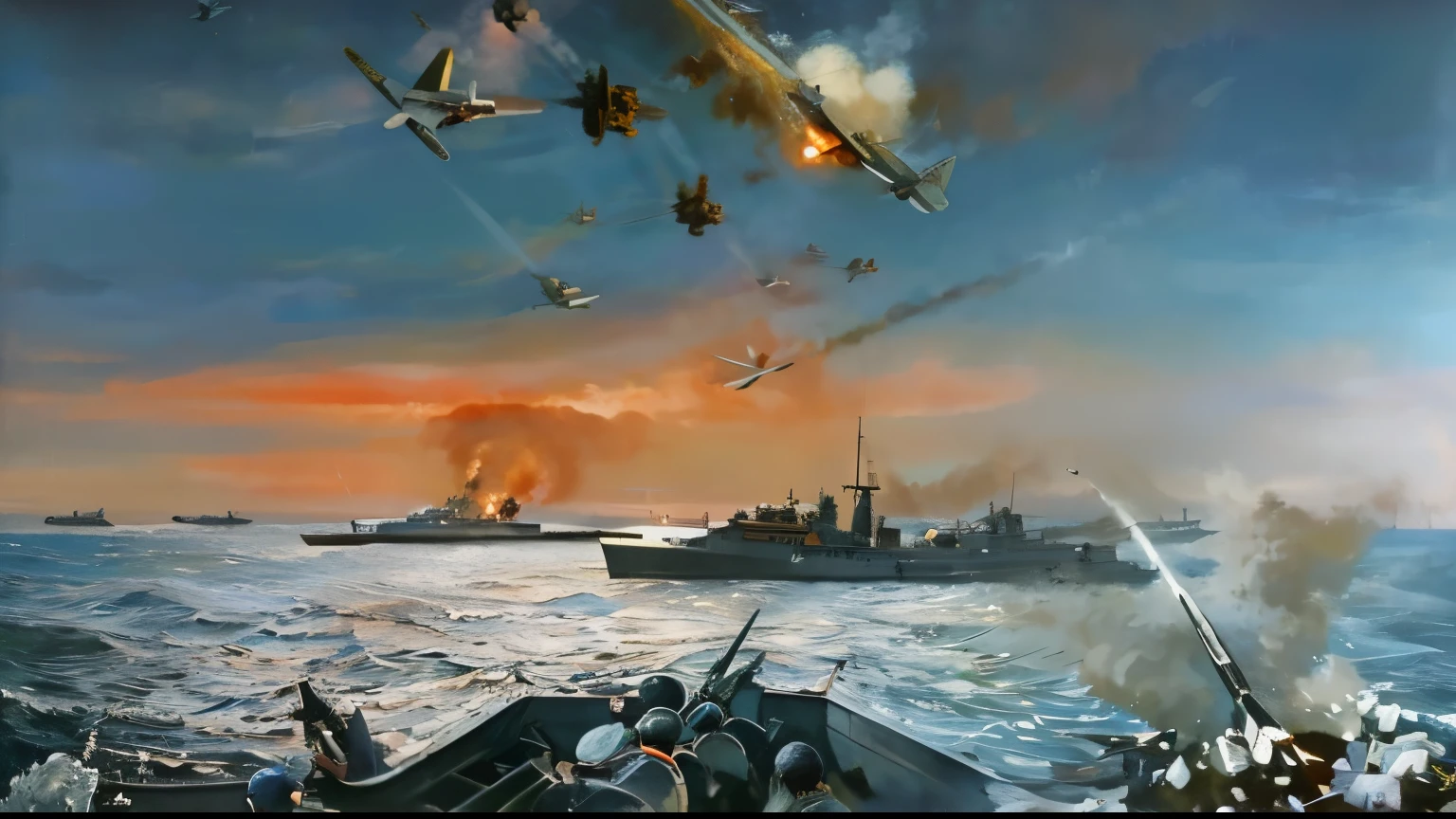war painting fighter plane battleship battle at sea ocean clouds bombardment