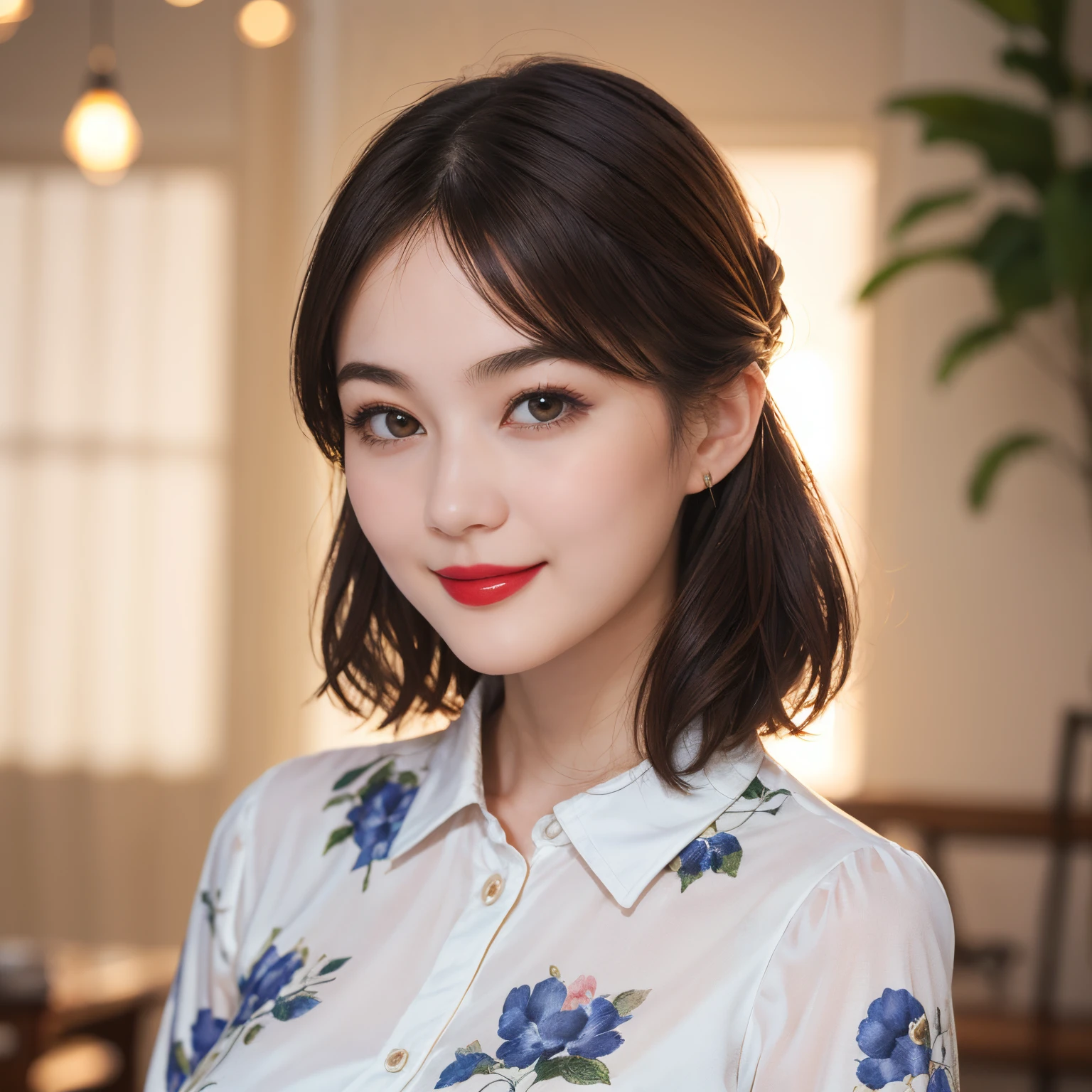 109
(a 20 yo woman,is standing), (A hyper-realistic), (high-level image quality), ((beautiful hairstyle 46)), ((short-hair)), (Gentle smile), (Keep your mouth shut), (lipsticks), (breasted:1.1), Floral clothing