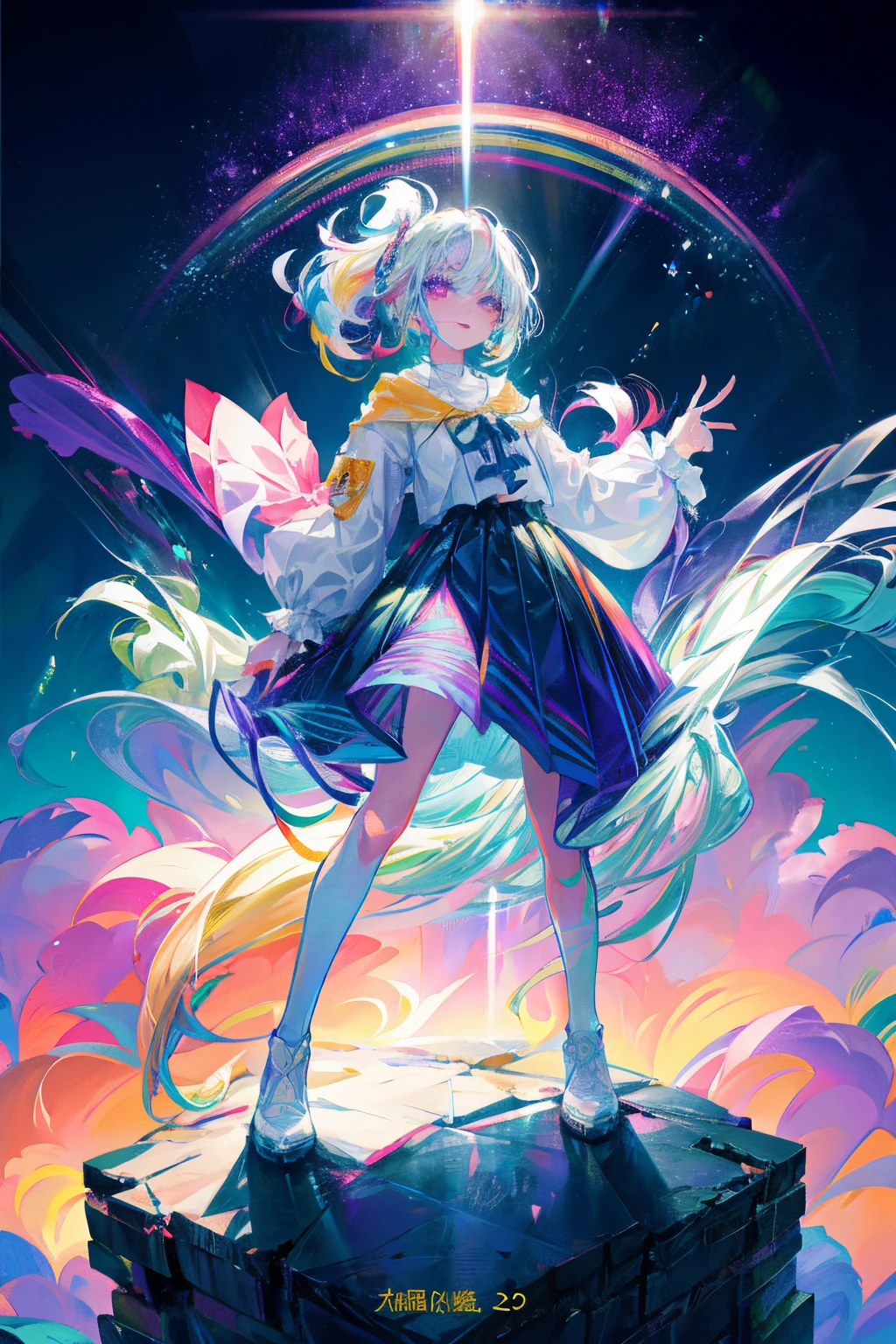 Rainbow on background、Irridescent color、colourfull、Colorful world、has a rainbow weapon、top-quality、超A high resolution、(Photorealsitic:1.4)、Female 1 Person、(Kpop Idle)、(attractiveness:1)、(Platinum Blonde Hair:1)、((Puffy eyes))、Look at the viewer、full body Esbian、Facing the front