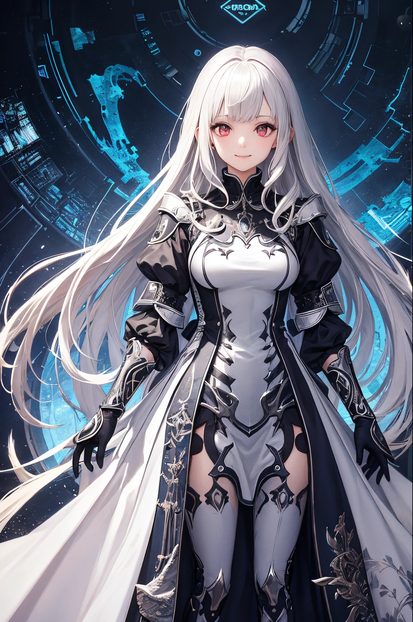 ultra-detailliert、anime illustrated、2D Beautiful Girl、top-quality、Top image quality、​masterpiece、超A high resolution、android beautiful girl、sixteen years old, Glowing white cyber suit,Silvery long-haired、Red eyes、A slender、The face is depicted in detail、The eyes are very detailed、The clothes are also depicted in detail、hiquality、Beautiful Art、Fantastic Universe、Elaborate design、soio、kindly smile、goddess of bones、animesque、illustratio、Full body front