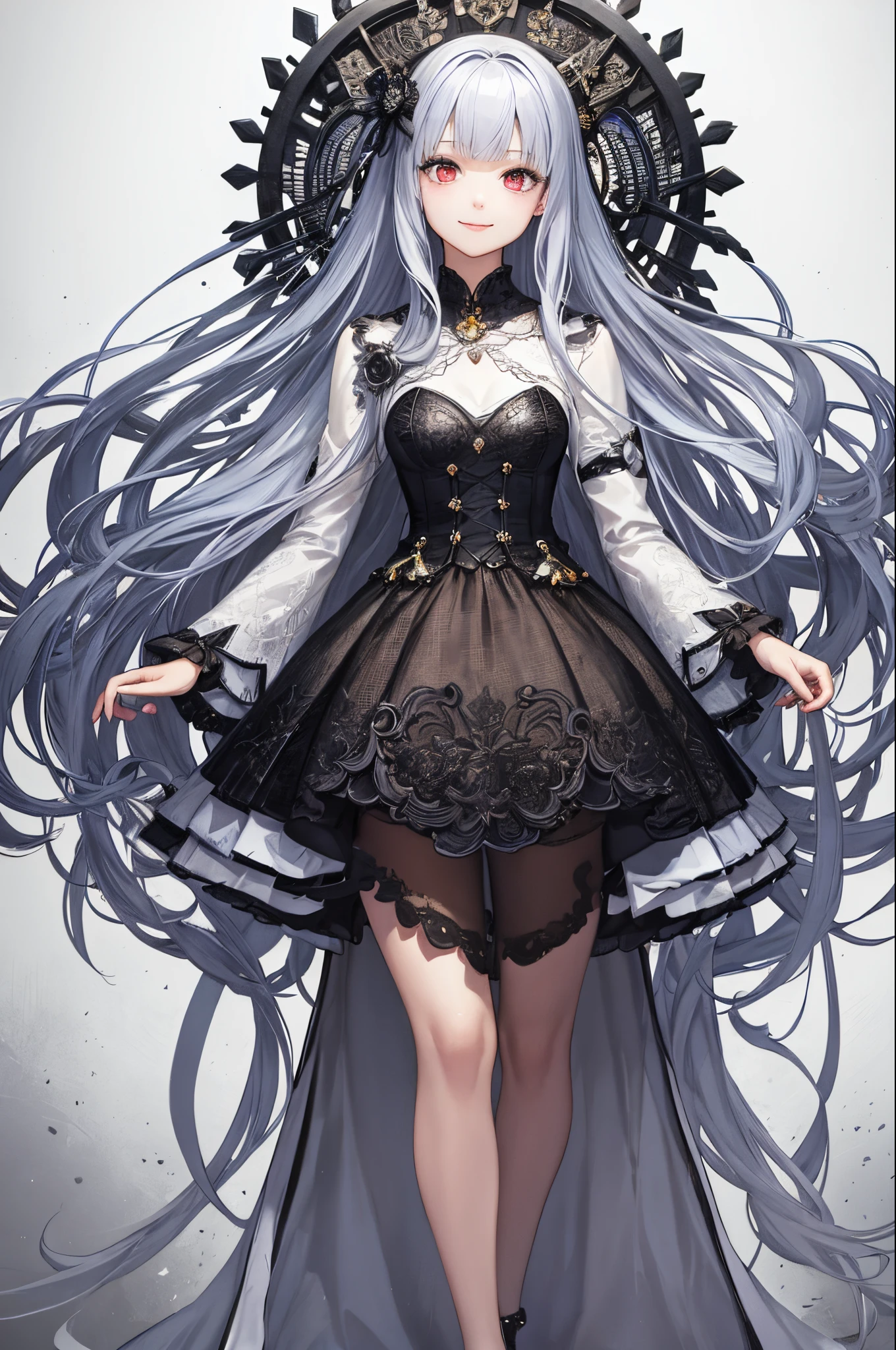 ultra-detailliert、anime illustrated、2D Beautiful Girl、top-quality、Top image quality、masterpiece、超A high resolution、android beautiful girl、, Glowing white cyber suit,Silvery long-haired、Red eyes、A slender、The face is depicted in detail、The eyes are very detailed、The clothes are also depicted in detail、hiquality、Beautiful Art、Fantastic Universe、Elaborate design、soio、kindly smile、goddess of bones、animesque、illustratio、Full body front