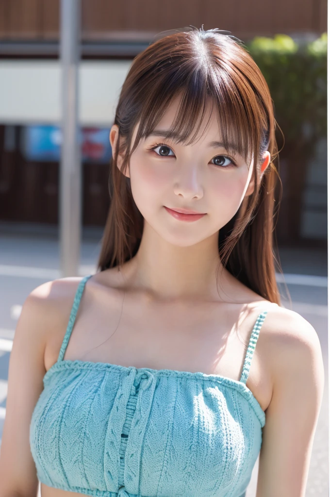 Sleeveless,  ponytail, Japanese Girls, 8k, Legal Photography, Best Quality, masterpiece, Realistic, Super detailed , One Girl, cute, The best smile,  beautiful eyes, Long Hair,  perfect face、Cleavage、front、 looking at the camera 、 shortcuts, look at me、front、 off-shoulder 、 お風呂Two girls on good terms、 skinny jeans、whole body、