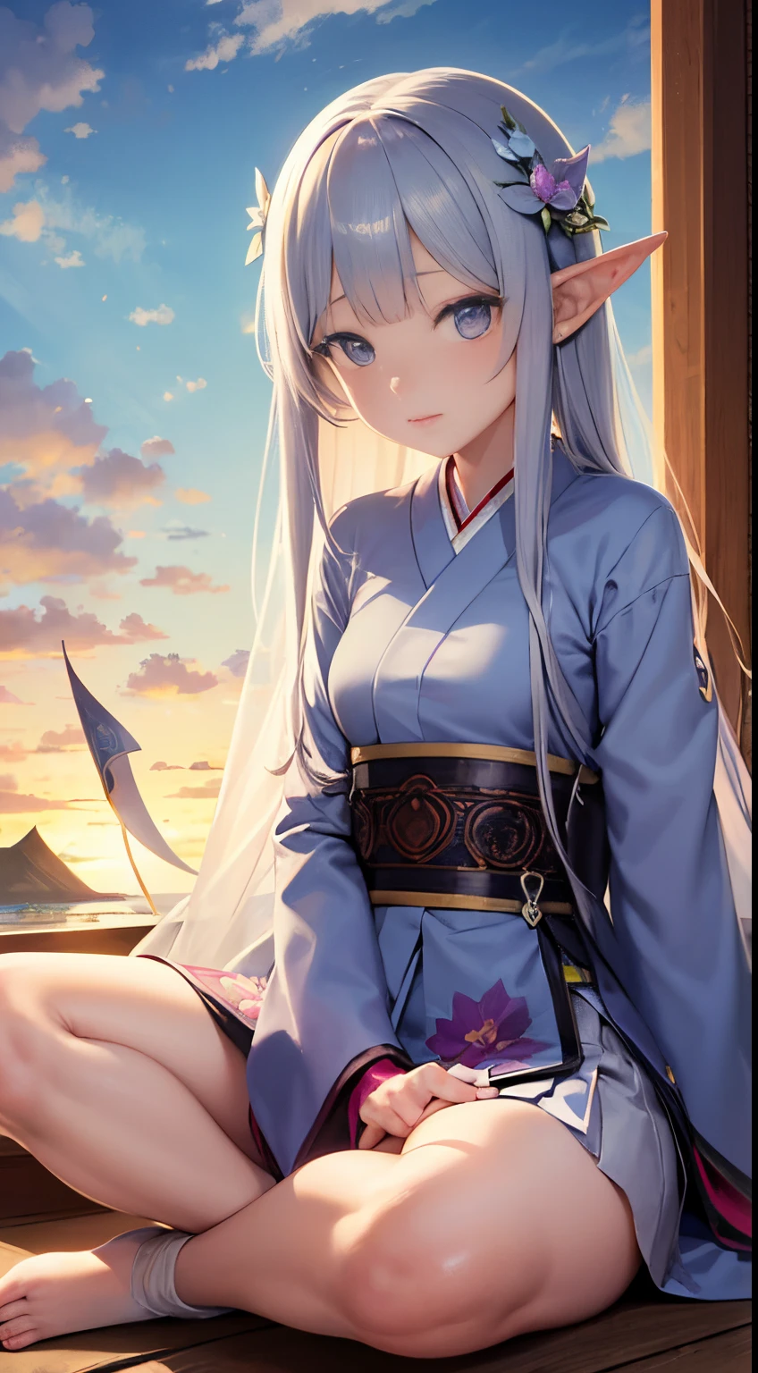 Sulamith Wülfing, Takeo Takei, Surreal, mysterious, strange, fantastic, fantasy, Sci-fi, Japanese anime, a small miniskirt fairy beauty girl sitting on a morning glory flower, perfect voluminous body, sunrise, pale blue sky, clouds, tranquility, mysterious, detailed masterpiece