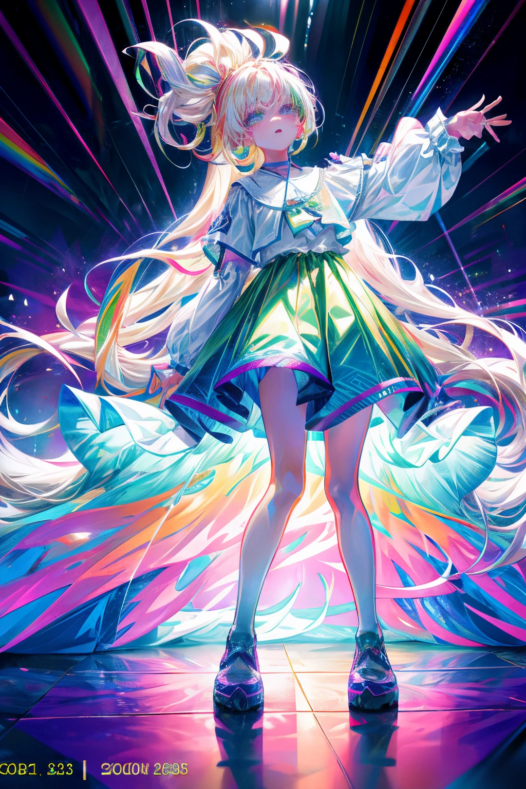 Rainbow on background、Irridescent color、colourfull、Colorful world、has a rainbow weapon、top-quality、超A high resolution、(Photorealsitic:1.4)、Female 1 Person、(Kpop Idle)、(attractiveness:1)、(Platinum Blonde Hair:1)、((Puffy eyes))、Look at the viewer、full body Esbian、Facing the front