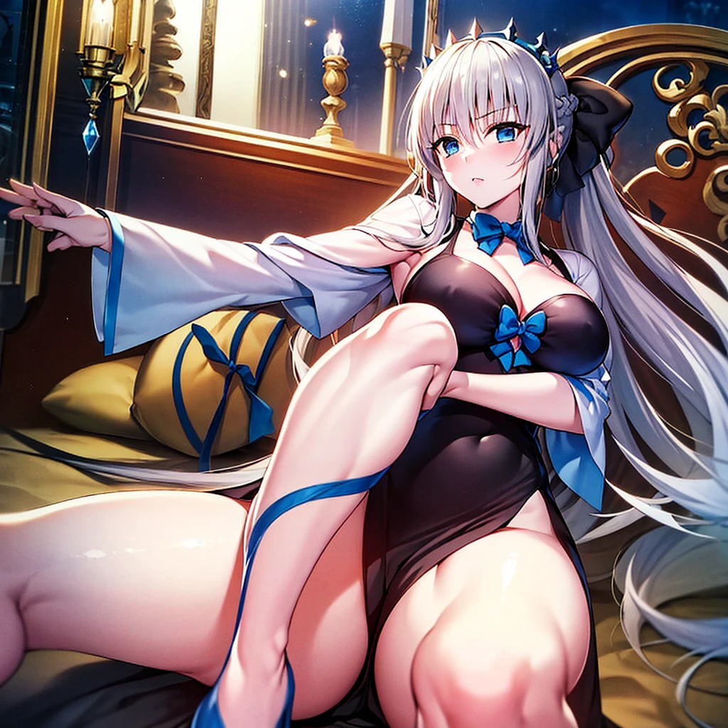 （Enrich the picture，Masterpiece level quality）Beautiful 8K CG artwork，morgan le fay (fate), blue eyes, Long Hair, pony tail,Very long hair, big boob, black bow, looking at viewer, gown, Hair Bow, thights, thights, black dress, Bangs, side locks, French braid, grey hair,Goddess-like posture,Kneeling exercise,Slim and soft,Translucent skin,big breasts,(((solo))),lying on your back,leg extension,m legs,Look at the viewer,expression to the top,on bed,