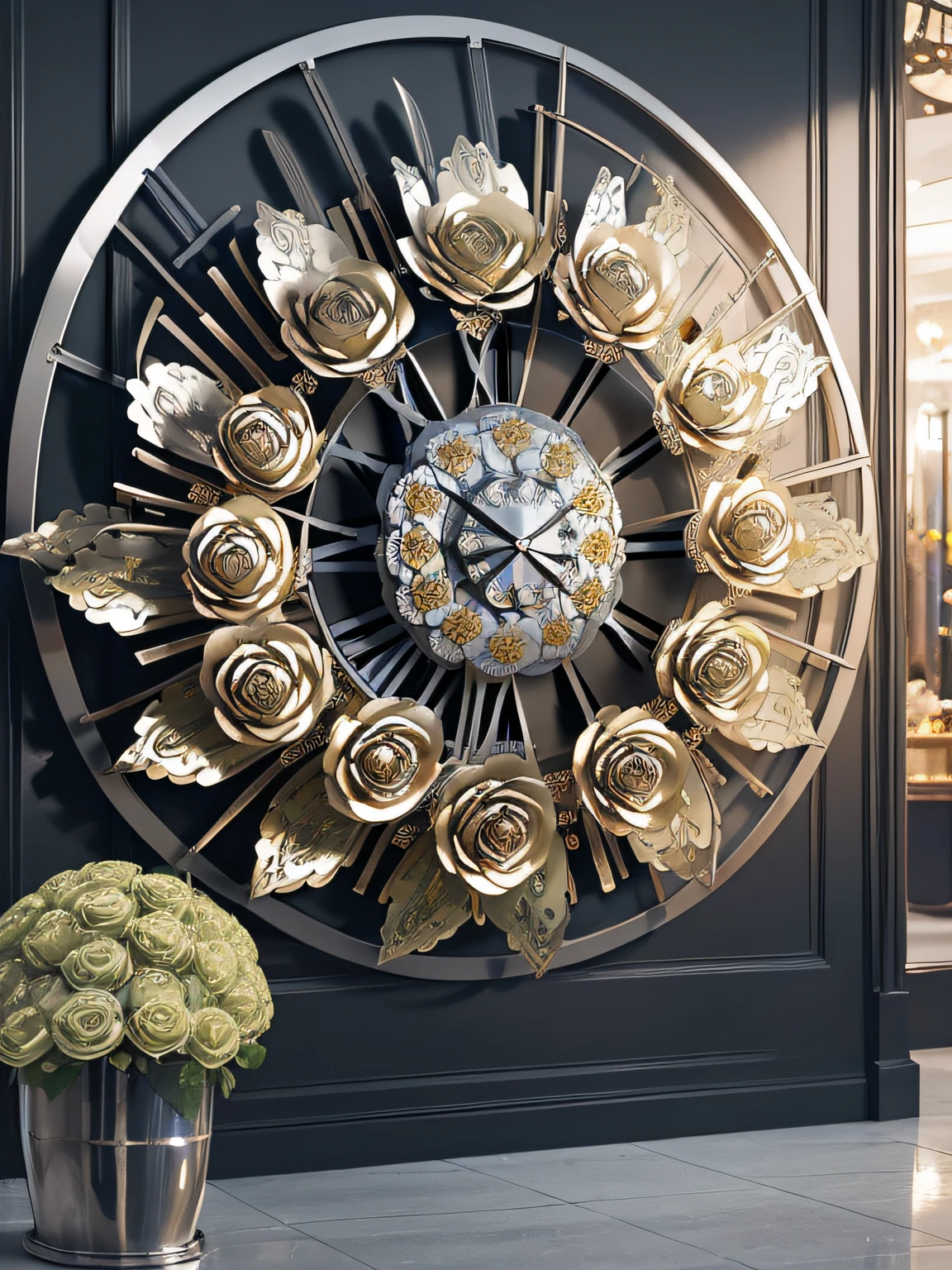 Metal Flowers, (shiny metal texture:1.3), (Metal flower ornament:1.5), (Giant metal Ranunculus wall clock:1.2), department store entrance, (Masterpiece), (Best Quality), (Ultra high Detailes)