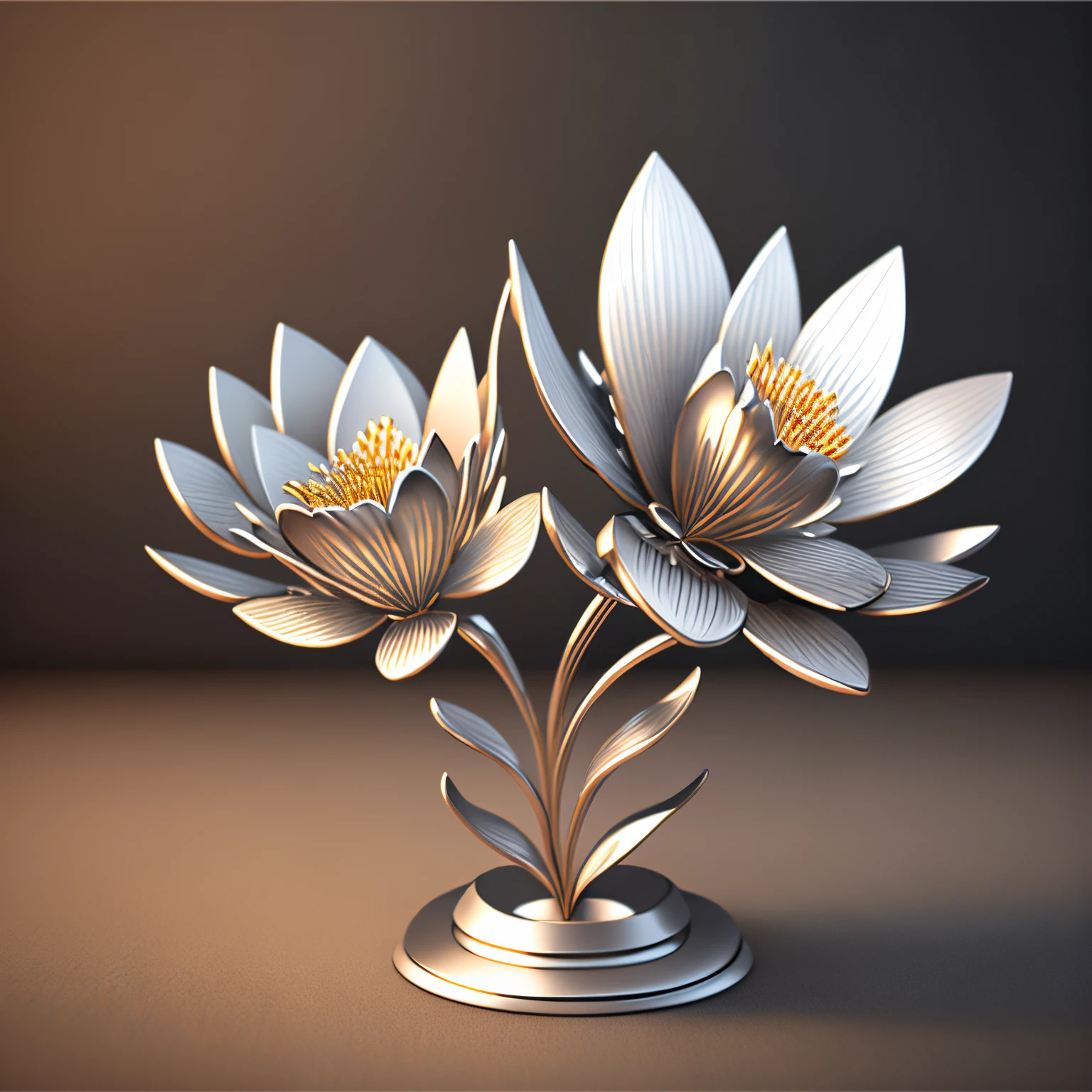 masterpiece, best quality, ultra-detailed, Metal Flowers, silver petals, aluminum leaves, iron stems, photorealistic, dynamic lighting, --auto