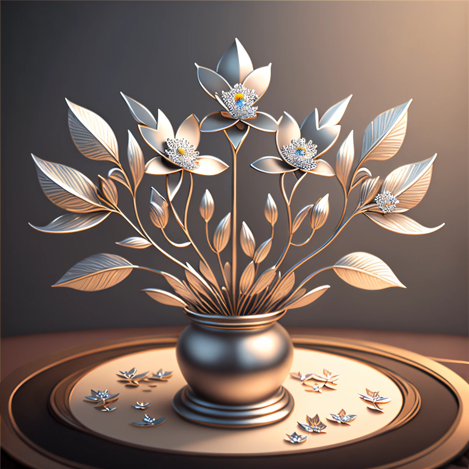 masterpiece, best quality, ultra-detailed, Metal Flowers, silver petals, aluminum leaves, iron stems, photorealistic, dynamic lighting, --auto