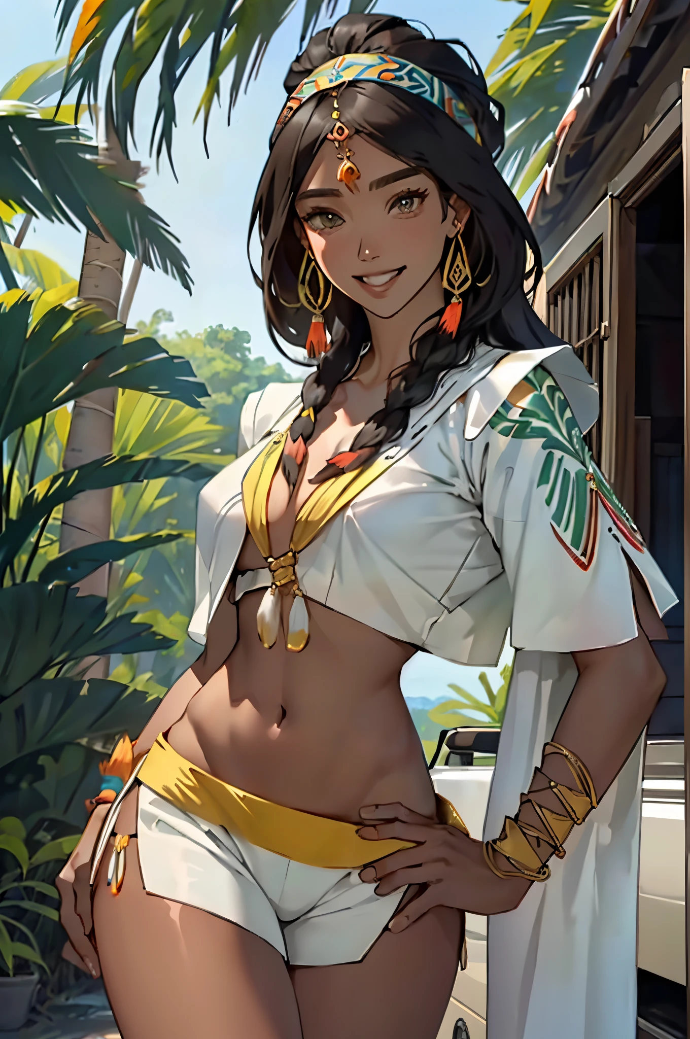 ((Many award-winning works, With incredible details)), ((Draw a chief's daughter(By Jessica Alba,(Jessica Alba)Play:1.6))of photos,smiling at camera)), ((Standing in front of a convertible SUV)), Calves to the top of the head)),((daughter of indian chief:1.4,age girl,((Dark skin:1.4)),((slim sexy girl)),(((slim shapely woman))),(Toothy smile,self-assured),(Wearing:Indian tribal style shorts,Colorful tribal costumes,Crop topping),big earrings, ((cabelos preto e longos,Pick dyeing,Colorful headband,Feather accessories)),)),(The best quality real textured skin), ((five perfect and beautiful fingers)), (Anatomically correct limbs and physique:1.5), (Delicate, round and symmetrical eyes), (exquisite and beautiful face:1.6), ((A detailed face)), ((Background with:tropical jungle)), (Complicated details:1.1), the complex background,Photo taken in the 1990s,Retro nostalgia,friendly atmosphere,Romantic atmosphere,Emphasis on feminine characteristics,Bulge,cute small breasts,Colorful tribal accessories,wear lingerie,Couple photos,((dynamic viewing angle+dynamic compositions)),ssahc,wearing ssahc,Woman next to SUV,004