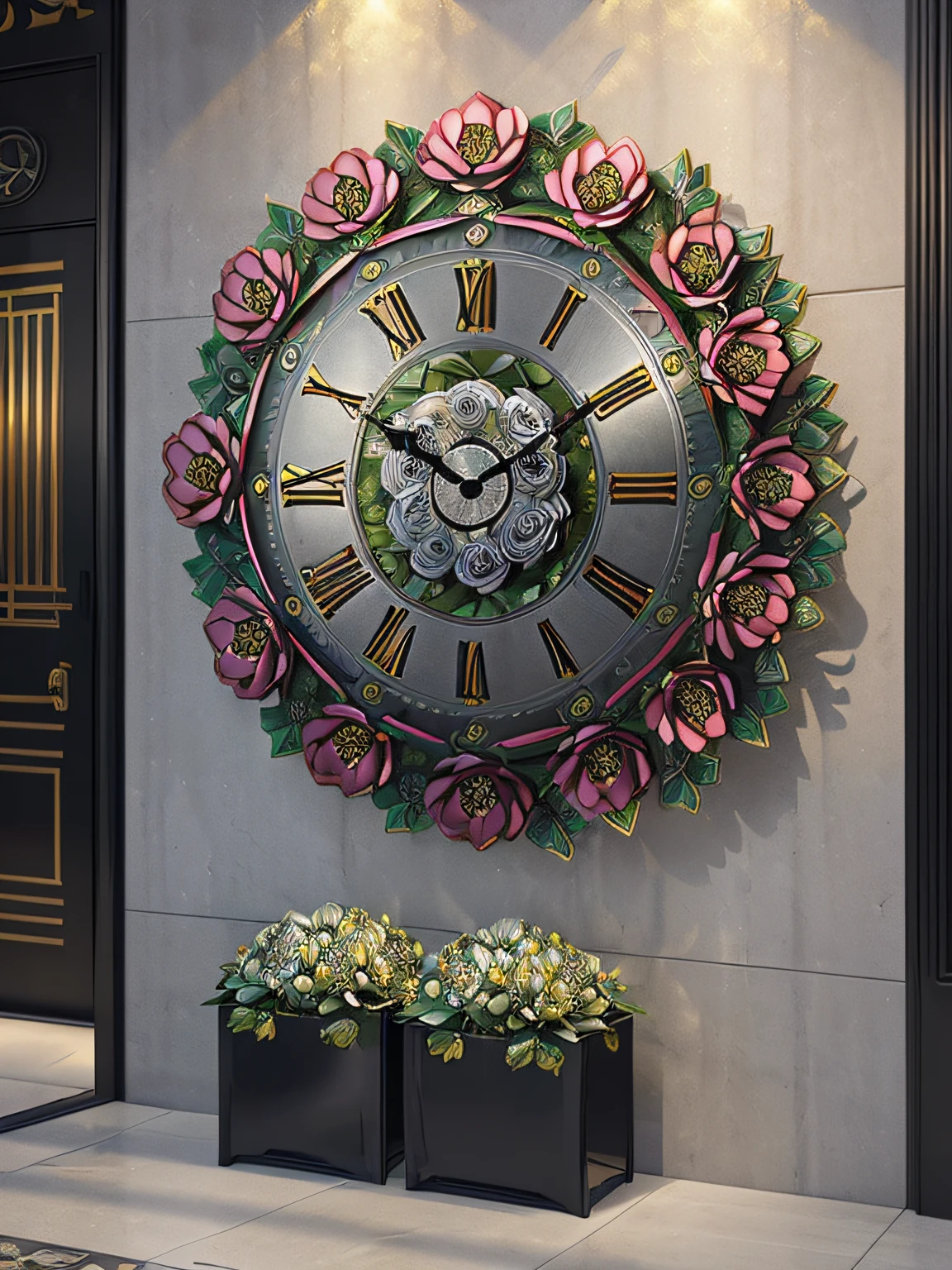 Metal Flowers, (shiny metal texture:1.3), (Metal flower ornament:1.5), (Giant metal Paeonia lactiflora wall clock:1.2), department store entrance, (Masterpiece), (Best Quality), (Ultra high Detailes)