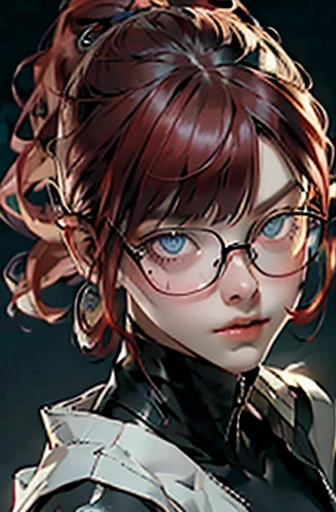 1nerdy girl with glasses, 28yo, Pia bangs hairstyle, (fringe cut bangs hairstyle), (The forehead is hidden by bangs), (((red hair))), ((boyish)), ((pony tail)), asymmetrical hair, (((black-rimmed round glasses))), ((beautifully detailed face)), long eyelashes, (Beautiful detailed eyes), (sharp eyes), Bright pupils, (Blue eyes), Fine eye makeup, (evil Smile), ((black frame glasses)), cyberpunk style, long black open jacket, street fashion, sport pants, (Solo), (Suggestive Pose), (cinematic angle), Full Body Shot, perfect , slender, small bust, cleavage, abs, (thin waist), muscular body, collarbone, (high detailed skin), ((top-quality)), ((High Definition)), ((beautiful detailed)), high quality shadow, Rule of thirds, mostly cloudy sky, ((official art)), anatomically correct, (((Best Quality))), (((masterpiece))), (((Super Detail)))