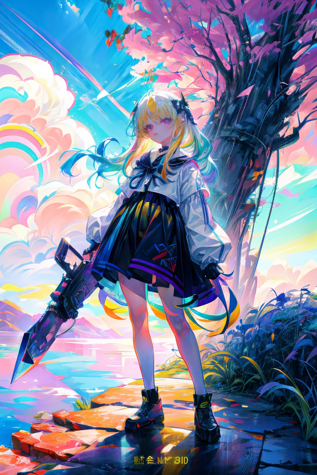 Rainbow on background、Irridescent color、colourfull、Colorful world、has a rainbow weapon、top-quality、超A high resolution、(Photorealsitic:1.4)、Female 1 Person、(Kpop Idle)、(attractiveness:1)、(Platinum Blonde Hair:1)、((Puffy eyes))、Look at the viewer、full body Esbian、Facing the front