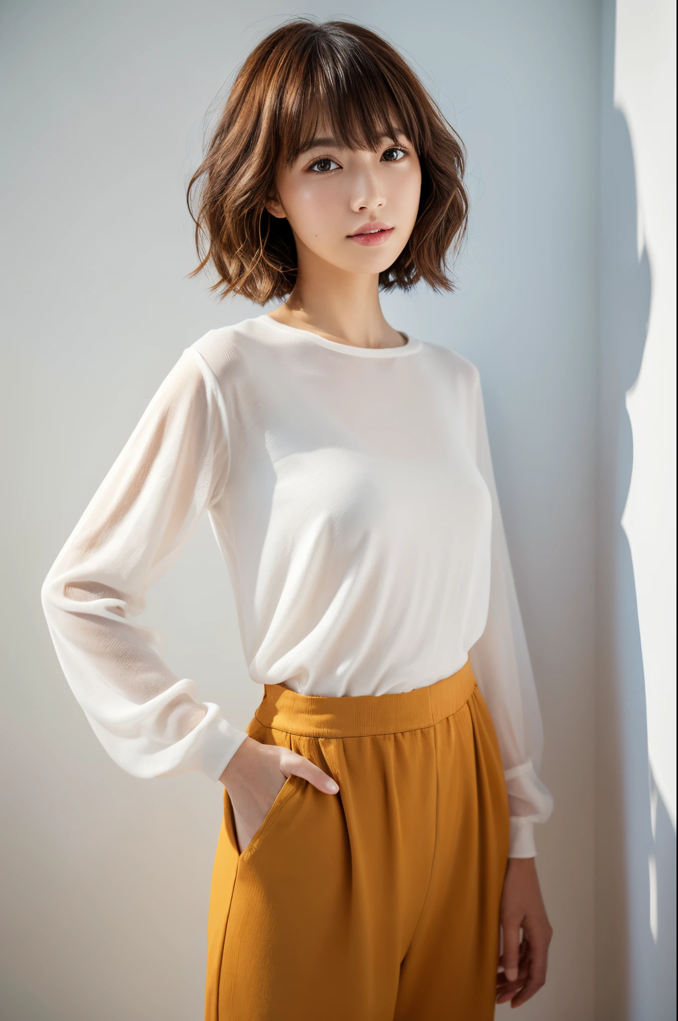 ((masterpiece,top-quality)), (photographrealistic:1.4),((masutepiece,8K)),hight resolution,Studio Soft Light, Rim Lights, vibrant detail, realistic skin textures,Japanese, 1 beautiful woman, short Hair, wave hair, faint thin bangs, make - up, 38 years old, Detailed skin, long-sleeve tunic blouse, wide-leg pants, Standing, White background, White Room,white walls, fully body photo, looking at viewer