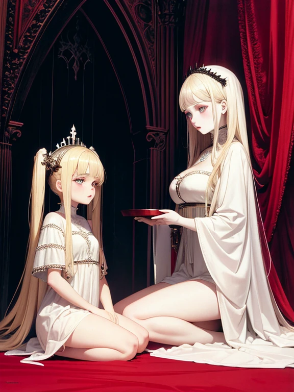 2girls, two pale young divine gothic priestess, twintails, pure white skin, Beautiful full body symmetrical portrait, blonde hair, crimson eyes, divine silver elegant gothic armor, encrusted with red gems, dark cathedral background, masterpiece, Highest image quality, super detailing, upscaled, art by Zdzislaw Beksinski, art by H.R. Giger, absurdres, highres, (official art, beautiful and aesthetic:1.2), real, 4k, 8k,