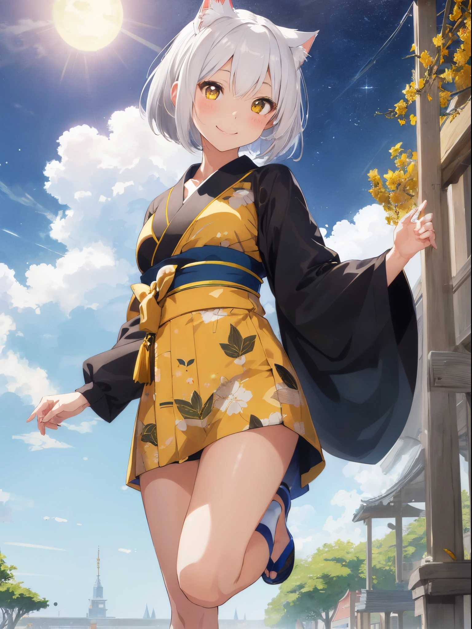 (Sipped:1.3)、独奏、full body Esbian、Wearing a yellow kimono、extra detailed face、(A smile:1.2)、jumpy、Gravure Pose、beatiful detailed eyes、white hair、Bob Hair、Cat's ears、masterpiece、top-quality、Very detailed 8k wallpaper