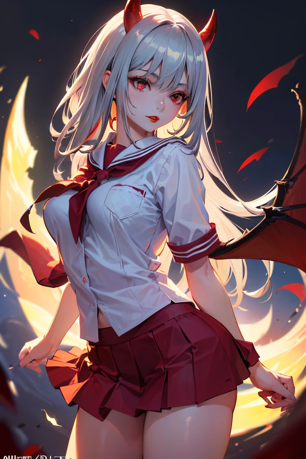 (masterpiece, top quality, best quality, official art, beautiful and aesthetic:1.2), (1girl:1.3), extreme detailed, (highest detailed:1.2), (hiest color), (absurdres:1.3), cute (Japanese:1.2) girl, (ultra detailed, ultra realistic, hyper realistic, 8K, ultra highres:1.2), BREAK


(devil girl:1.3), (silver long hair:1.4), cunning, (dark red eyes:1.4), fang, (devil wings:1.5), (bright red lip:1.5), (middle breasts:1.3),
(multicolored hair:1.2), gorgeous hair ornament, (gradient hair), dynamic lighting, (beautiful detailed eyes), BREAK

(school uniform:1.5), (mini skirt:1.3),