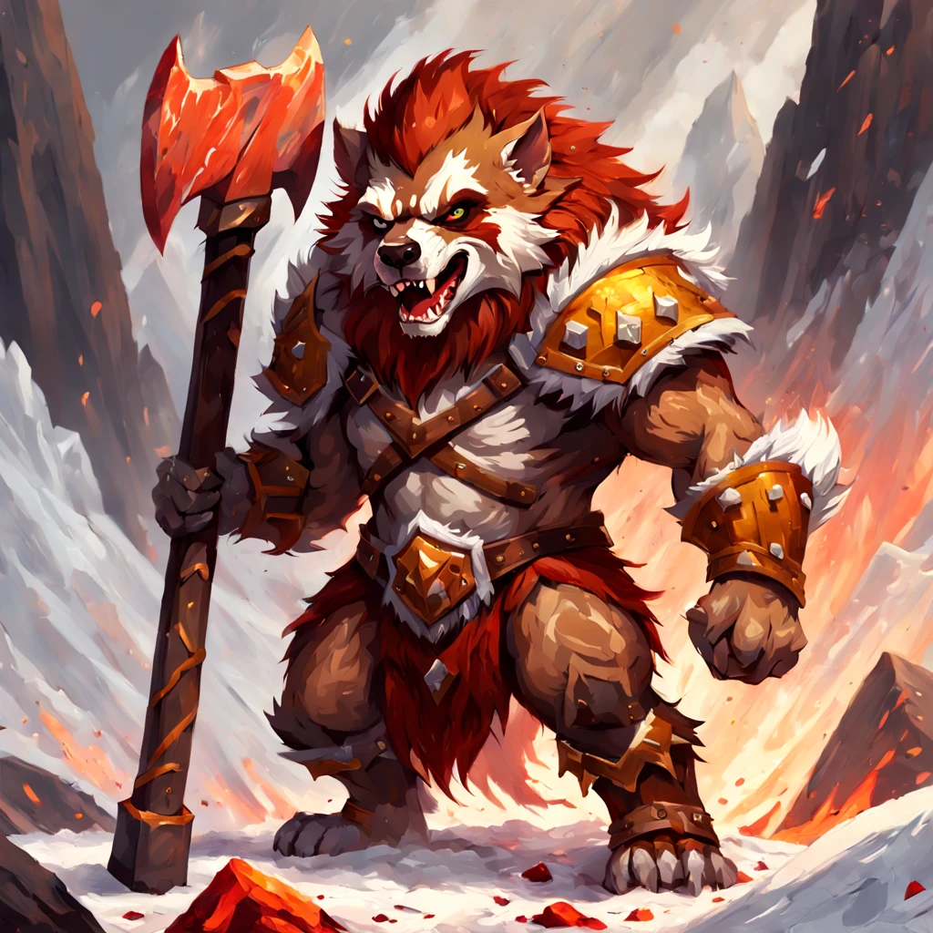 Gnoll with fur of white with wild red mane fur-like armor of red brown and gold holding a mighty hammer causing a avalanche of lava, masterpiece, best quality, in semi impasto art style