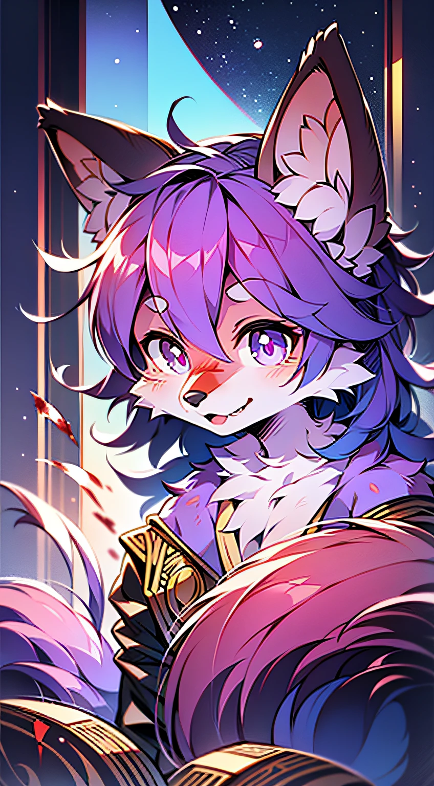 Star Fox, male people,deep purple hair， (Detailed pubic hair), Fluffy, Alone, Meticulous and pragmatic, A detailed eye, ( Amethyst pupils), ((Blood-colored eyes)), Upscale, high detal, Delicate fur, ((The tail is in the right place) ，