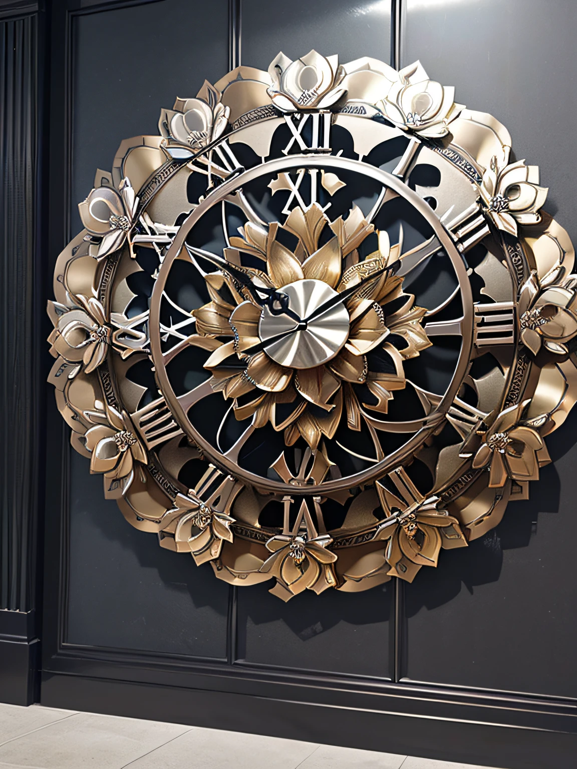 Metal Flowers, (shiny metal texture:1.3), (Metal flower ornament:1.5), (Giant metal Dahlia wall clock:1.2), department store entrance, (Masterpiece), (Best Quality), (Ultra high Detailes)