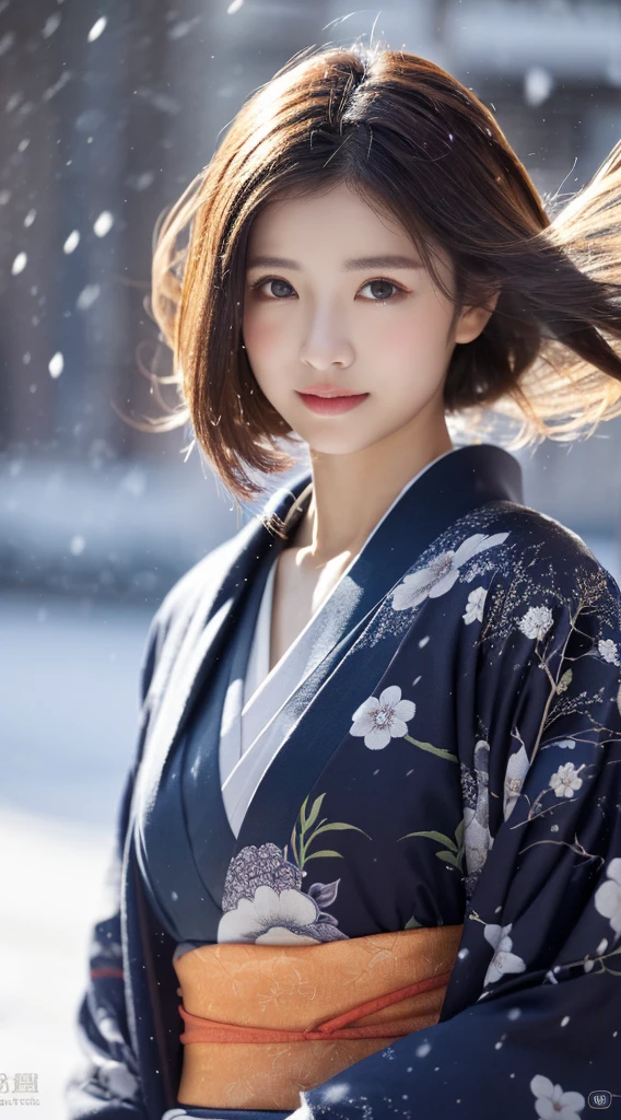 ((Kimono))、(full body Esbian)、(top-quality,​masterpiece:1.3,超A high resolution,),(ultra-detailliert,Caustics),(Photorealsitic:1.4,RAW shooting,)Ultra-realistic capture,A highly detailed、 Skin texture is natural、25-years old、The skin looks healthy with an even tone、 Use natural light and color、One Woman,japanes、A dark-haired,Middle hair,、(Falling snow:1.1)、(Hair swaying in the wind:1.3)、(Snow reflects light)、Light in the eyes、Looking at the camera