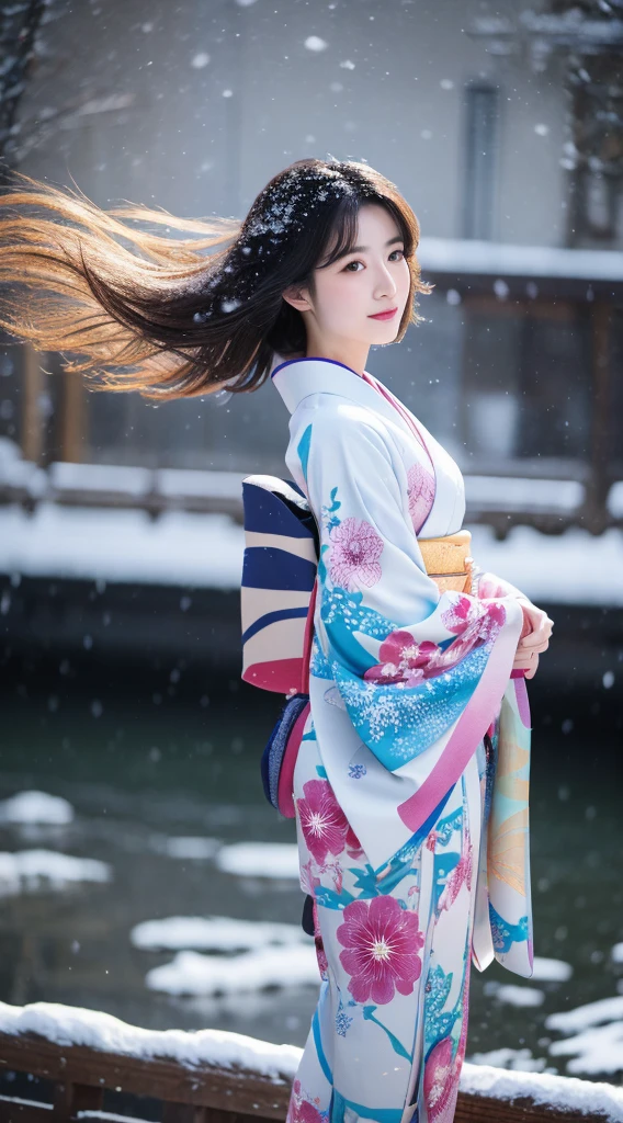 ((Kimono))、(full body Esbian)、(top-quality,​masterpiece:1.3,超A high resolution,),(ultra-detailliert,Caustics),(Photorealsitic:1.4,RAW shooting,)Ultra-realistic capture,A highly detailed、 Skin texture is natural、25-years old、The skin looks healthy with an even tone、 Use natural light and color、One Woman,japanes、A dark-haired,Middle hair,、(Falling snow:1.1)、(Hair swaying in the wind:1.3)、(Snow reflects light)、Light in the eyes、Looking at the camera