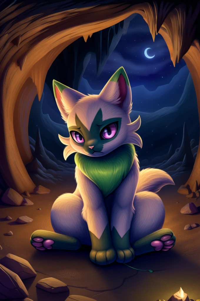 floragato, furry pokemon, cat, string, feet, sitting on the floor, solo, (body fur:1.2), (best quality), (detailed fluffy fur:1.1), looking at viewer, animal hands, tail, purple eyes, shiny, sad, drooping ears, female, background of cave, night, stones, orange lighting