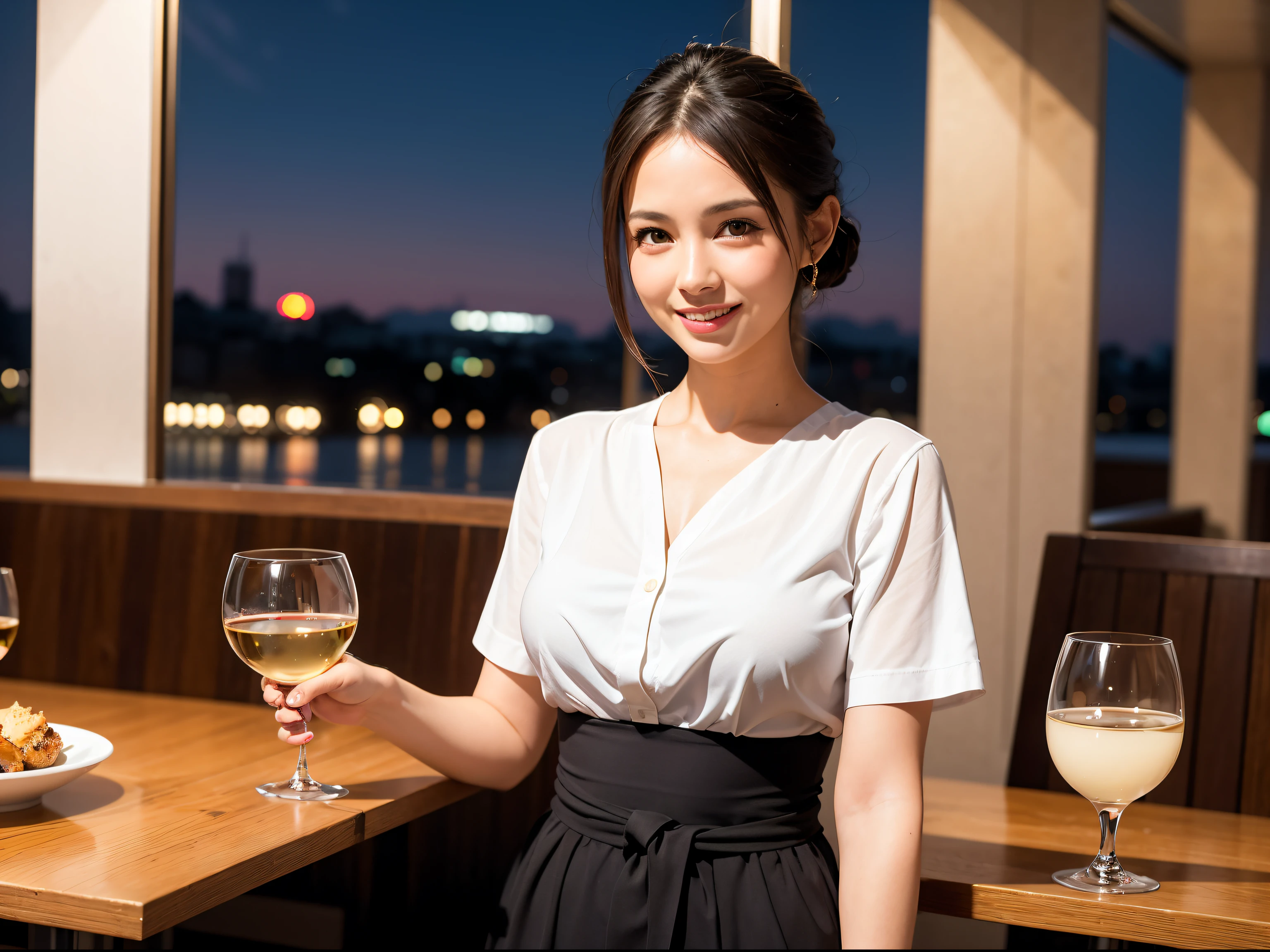 (64K, UHD, top quality, masterpiece: 1.2), (realistic, photorealistic: 1.37), super detailed, pretty woman 1 person, (slim face), (slim body), (brown hair), (short cut), cheeks slightly blushing, (44 years old), 38 years old, solo, beautiful detailed urban night view outside the window, restaurant, wine glasses sit, at night, in a prominent placeNovaFrogStyle, Actress, Model, Waist Up, White Wine, Slim, Wine Glass, Super Clean Night View, Wine Glass Put in the Middle, Happy Smile, (Smile: 1.15), Beautiful Fine Eyes, Upper Body, Bust Japan Up, Night, Short, Short, Actress, Model, Waist Up, White Wine, Slim, Wine Glass, Super Clean Night View, Wine Glass Put in the Middle, Happy Smile,