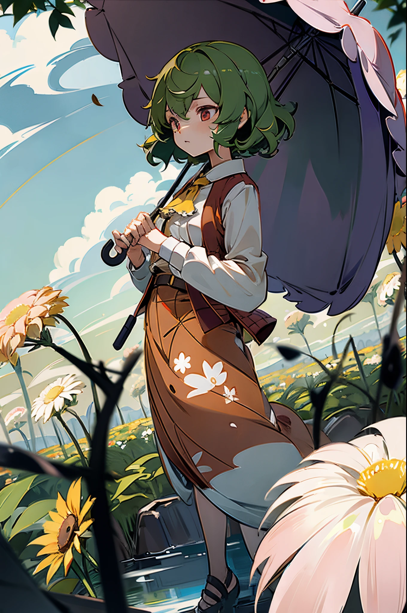 bit girl，umbrellas，himawari，blossoms，Green hair