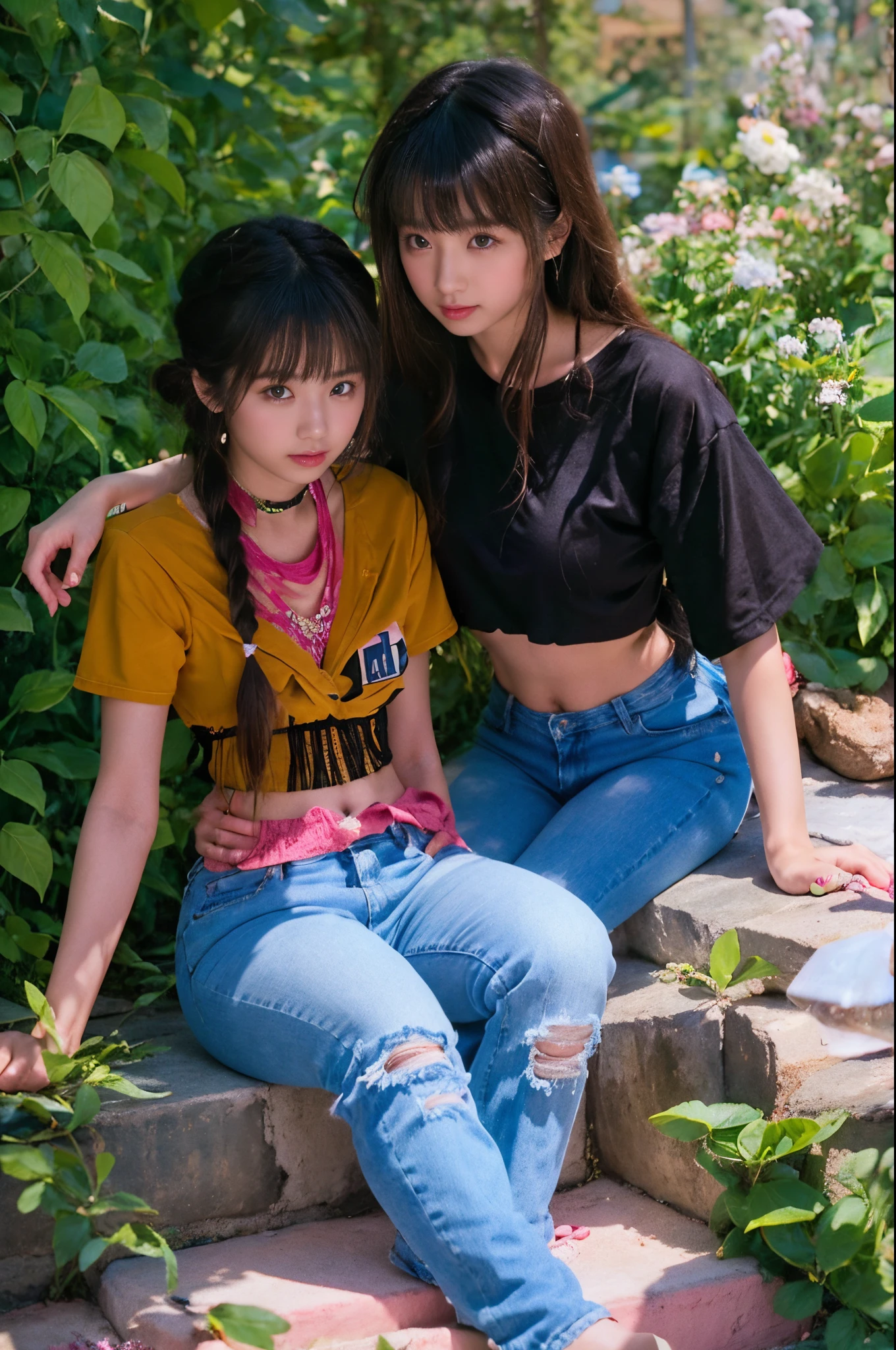 The proportions are the same for all races, All faces and pictures must be different,(ulzzang-6500-v1.3,pureeroface_v1,octane rendering),elegant pose,xxmix girl women, High level of image quality、Like a shot with an SLR、Super detailed illustration of two women, Duo,sisterhood ,sitted,Petting the,closeup portrait,hugs,strabismus:1.4,Depicting the eternal beauty and spirit of two women in 1990. they have a braided hairstyle as used to be in the 80's with lots of thin braids. They wore low-rise jeans and crop tops, 90s clothes. environment in the 1990s, Ms. Schiffer&#39;s work. _电影灯光_v2